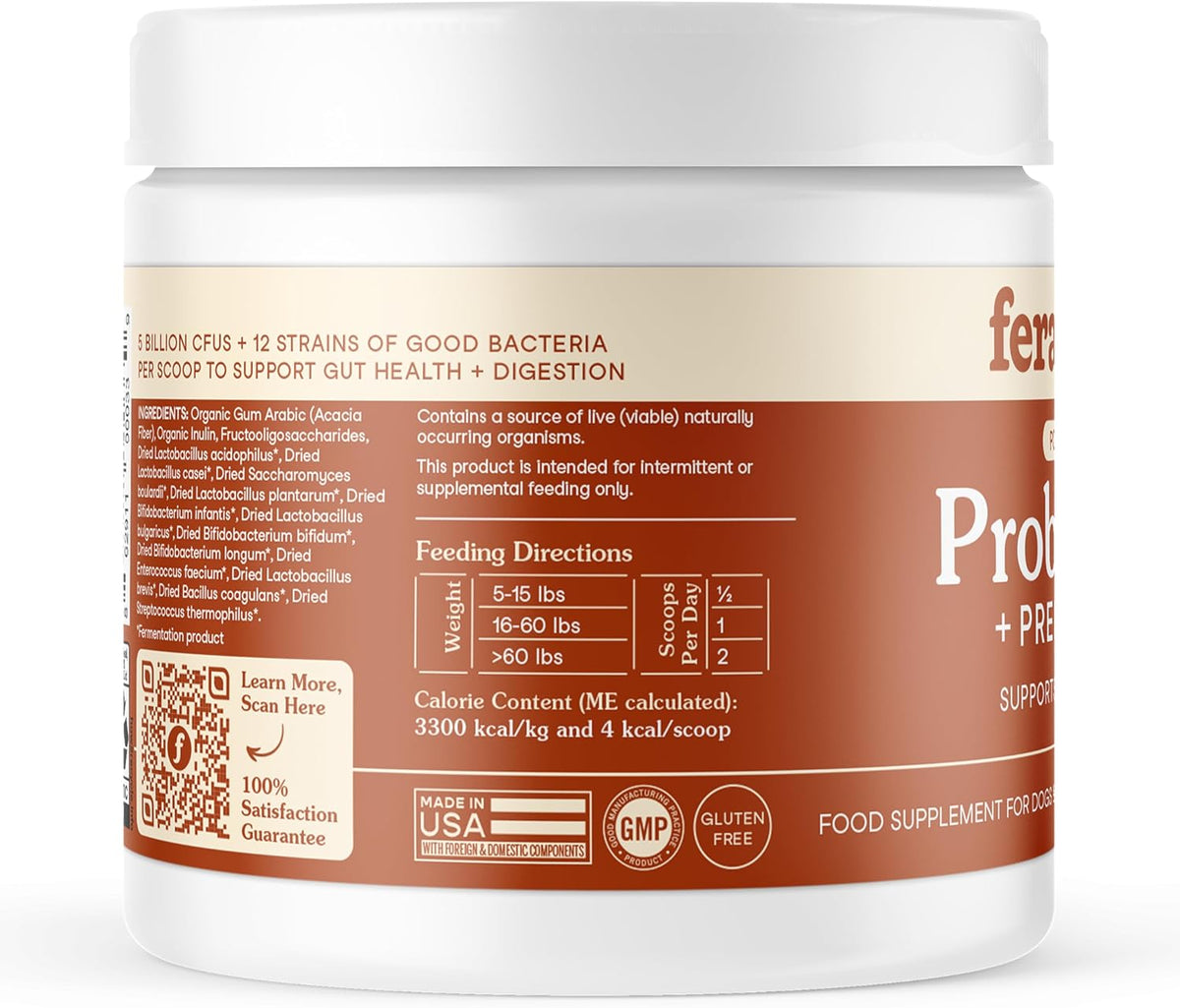 Fera Pets Organic Probiotics for Dogs & Cats with Prebiotics, 60 Scoops | USDA Organic Gut Health Powder Supplement with 12 Strains and 5 Billion CFUs for Immunity, Energy and Skin & Coat Health