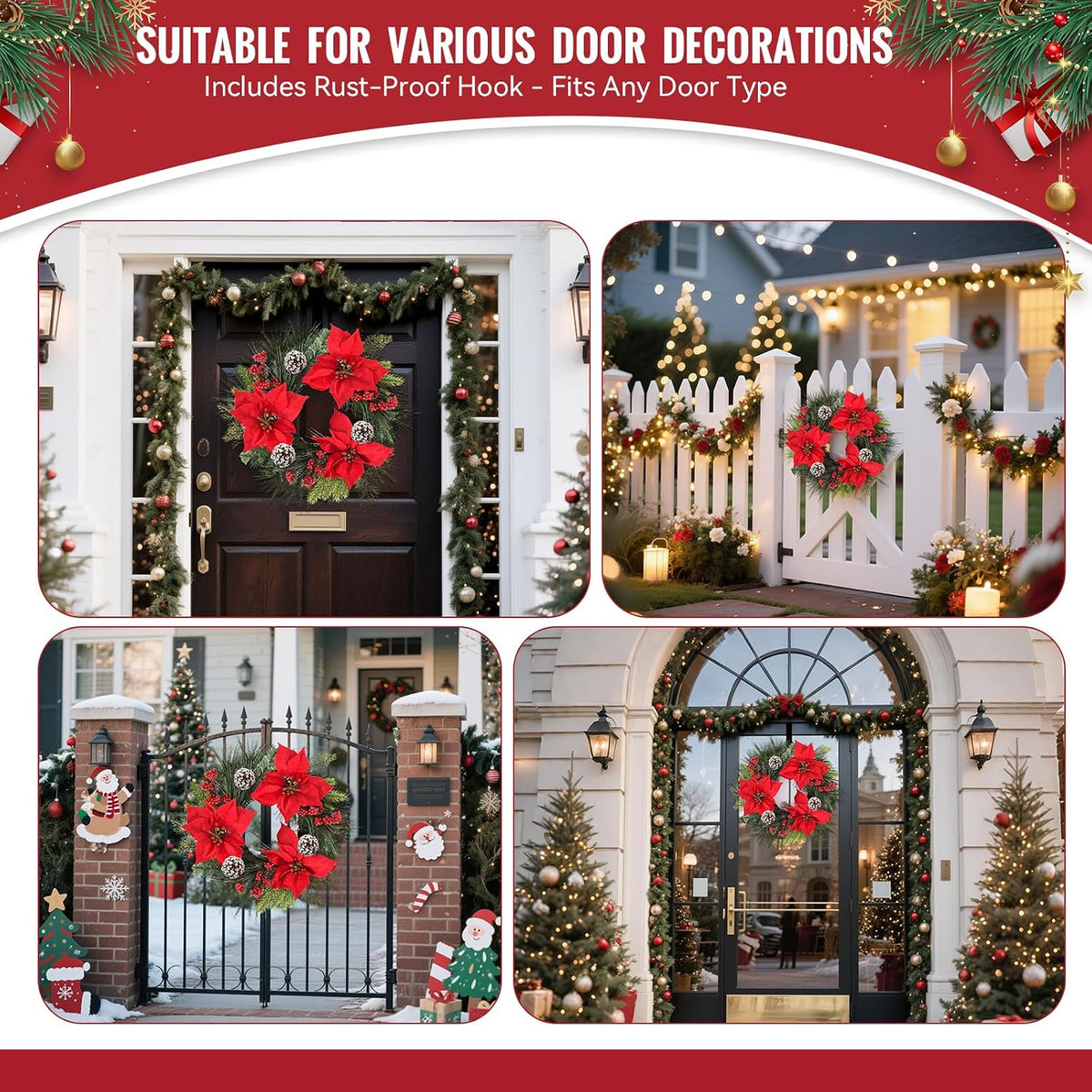 24 Inch Christmas Wreath for Front Door Outdoor with Hangers