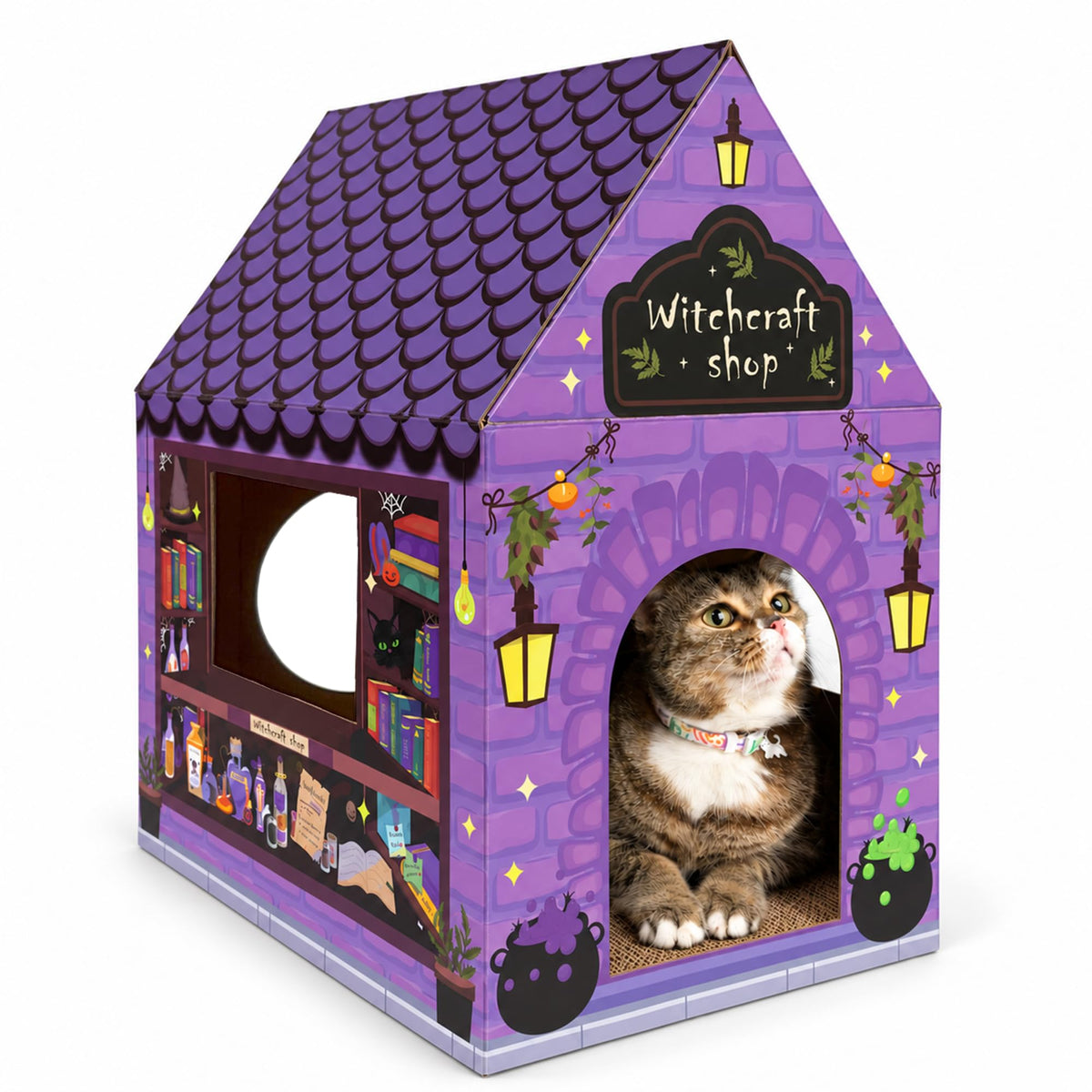 Cinrobiye Cardboard Cat House with Scratcher, Gothic Halloween Cat Scratcher Box with 2 Corrugated Scratch Pads, Open Top Indoor Cat Hideaway Bed for Cats and Kittens