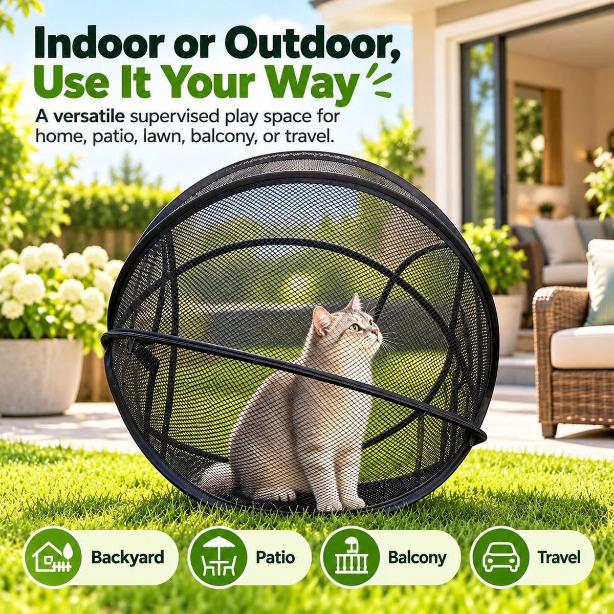 Hamster Ball for Cats, Rolling Cat Playpen, Foldable Mesh Outdoor Catio (A)