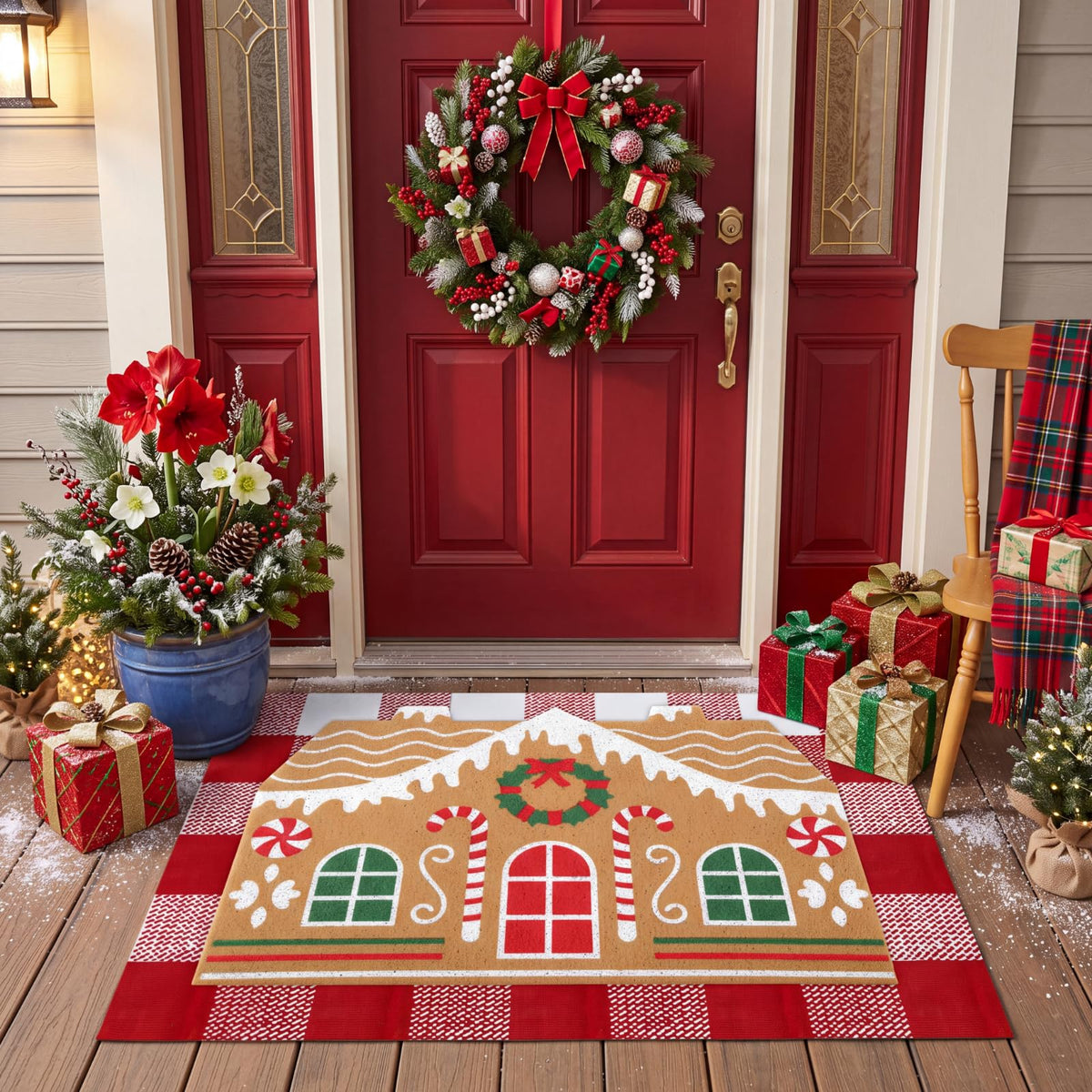 Tinideya 2 23.6 X 35.4 Inches Plaid Ghost Red Brown | Layered Coir Doormat Set, Non Slip Backing for Outdoor Entryway, Buffalo Plaid Seasonal Design, Front Porch Home Decor