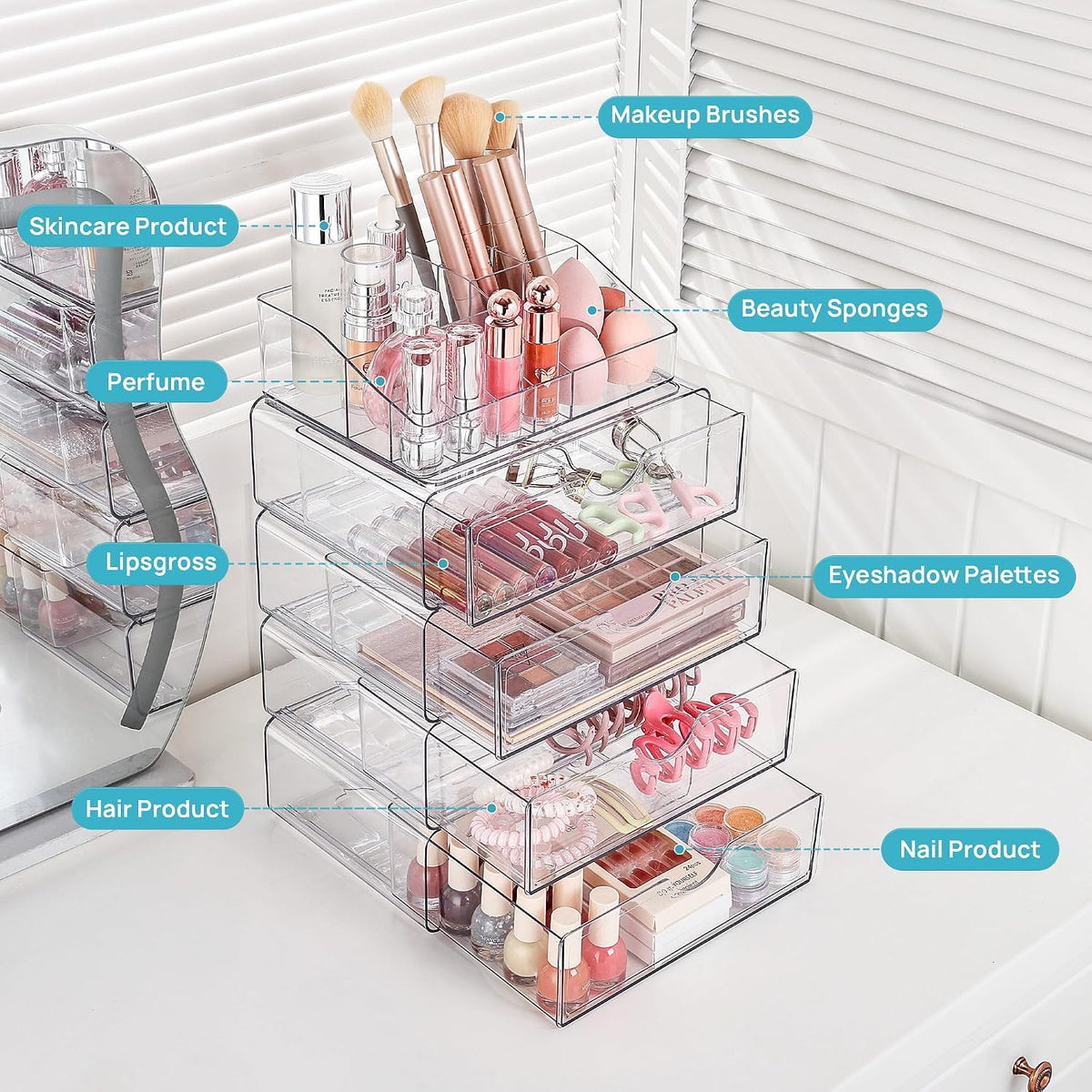Vtopmart 3 Tier Clear Makeup Organizer with 2 Drawers | Smart Storage Layout, Clear for Better Visibility, Stackable, Large Capacity, for Makeup Lipstick Brush Skincare
