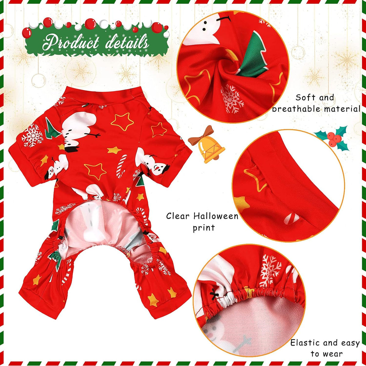 Frienda 3 Pcs Christmas Dog Pajamas,Snowman Pattern,L (fit 7.7-9.9lbs)