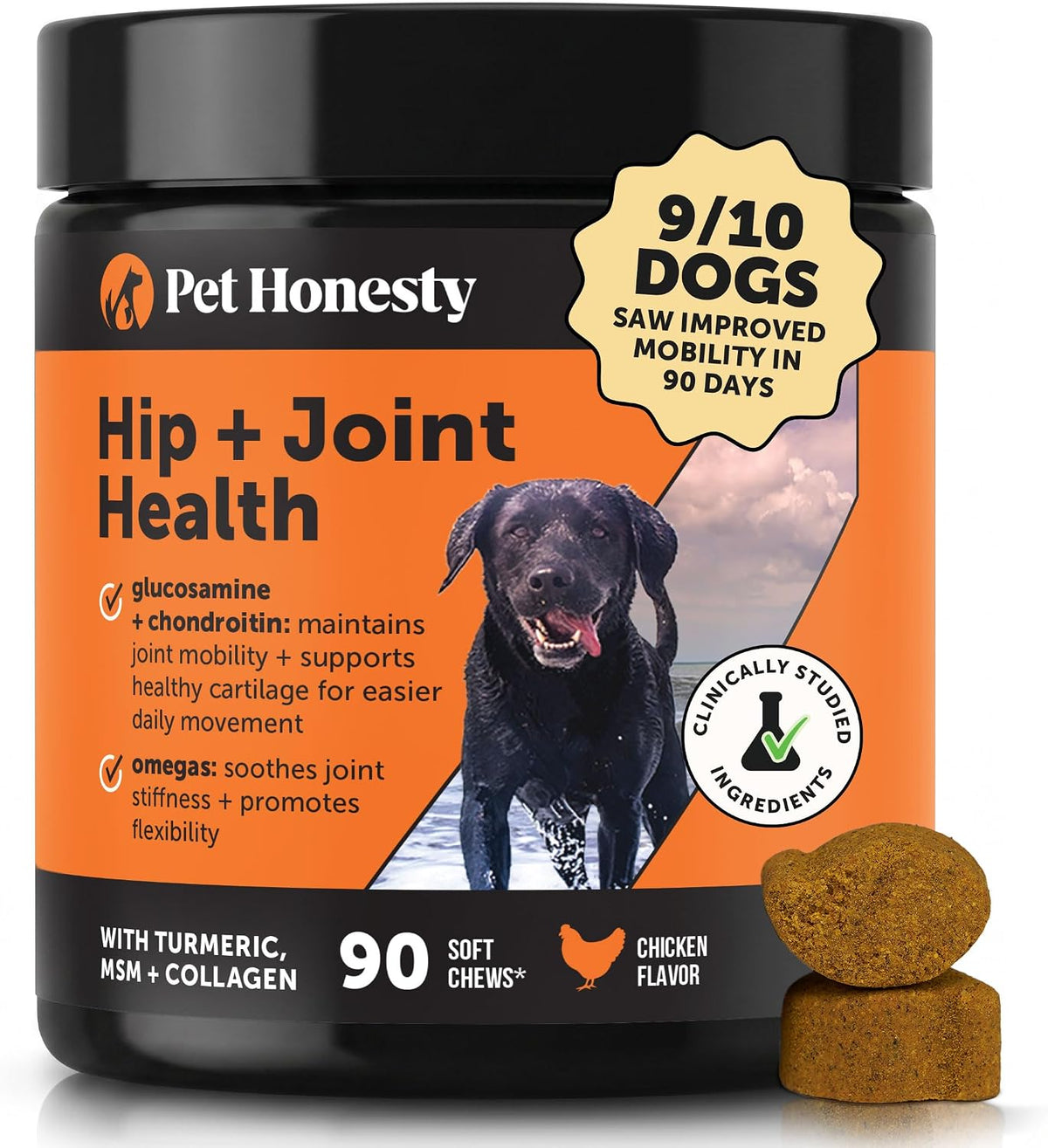 Hip + Joint Supplement for Dogs with Glucosamine Chondroitin - MSM, Turmeric & Collagen Soft Chews - Joint Function, Stiffness, and Mobility Support, May Reduce Occasional Discomfort (Chicken, 90 Ct)