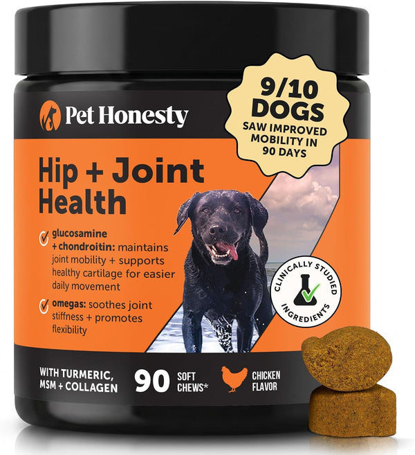 Hip + Joint Supplement for Dogs with Glucosamine Chondroitin - MSM, Turmeric & Collagen Soft Chews - Joint Function, Stiffness, and Mobility Support, May Reduce Occasional Discomfort (Chicken, 90 Ct)