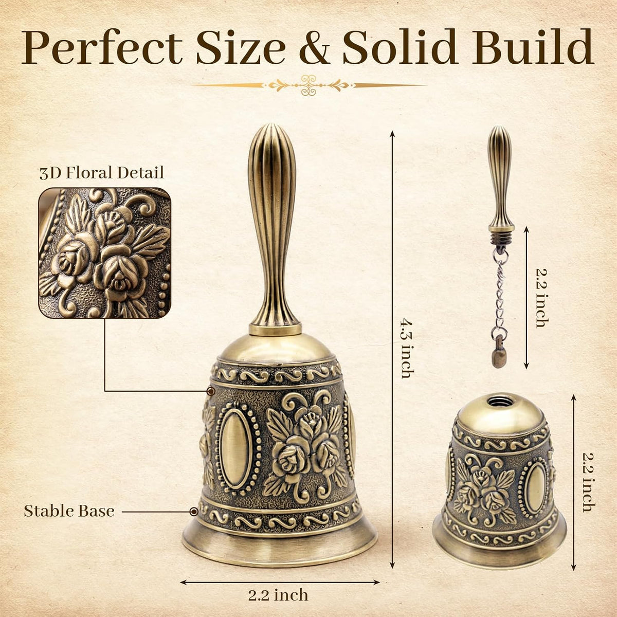 Vintage Brass Hand Bell – Loud Call Bell for Bedside, Dinner, Wedding, Christmas & Holiday Party