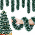 50FT Snowy Green Christmas Tinsel Garland, Metallic Twist Shiny Hanging Garland Ornaments for Xmas Tree Party Supplies Thick Thin Metallic Streamers for Indoor Outdoor Decor