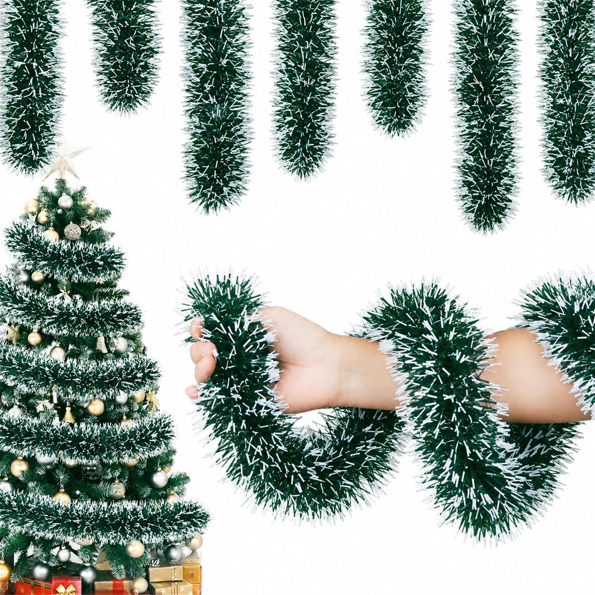 50FT Snowy Green Christmas Tinsel Garland, Metallic Twist Shiny Hanging Garland Ornaments for Xmas Tree Party Supplies Thick Thin Metallic Streamers for Indoor Outdoor Decor