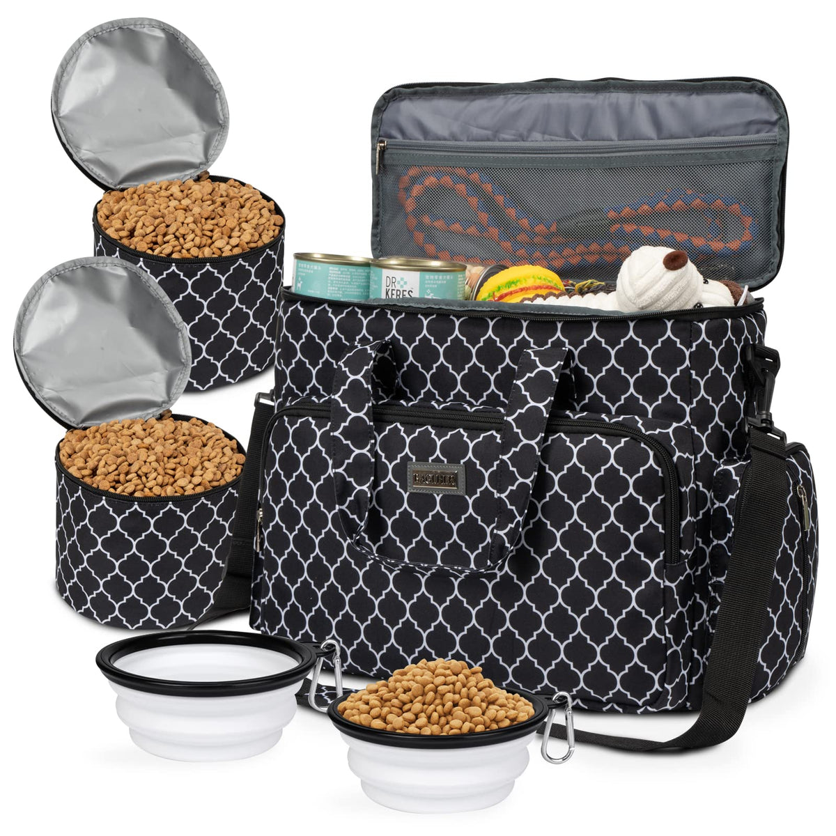 BAGLHER Pet Travel Set Airline-Approved Carrier for Small/Medium Cats & Dogs + Travel Bag with Food Containers & Silicone Bowls, Grey & Green