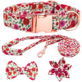 Dog Collar and Leash Set Girls Adjustable Puppy Collars with Floral Bow Tie for Small Medium Large Female Dogs, Orange Flower, XS
