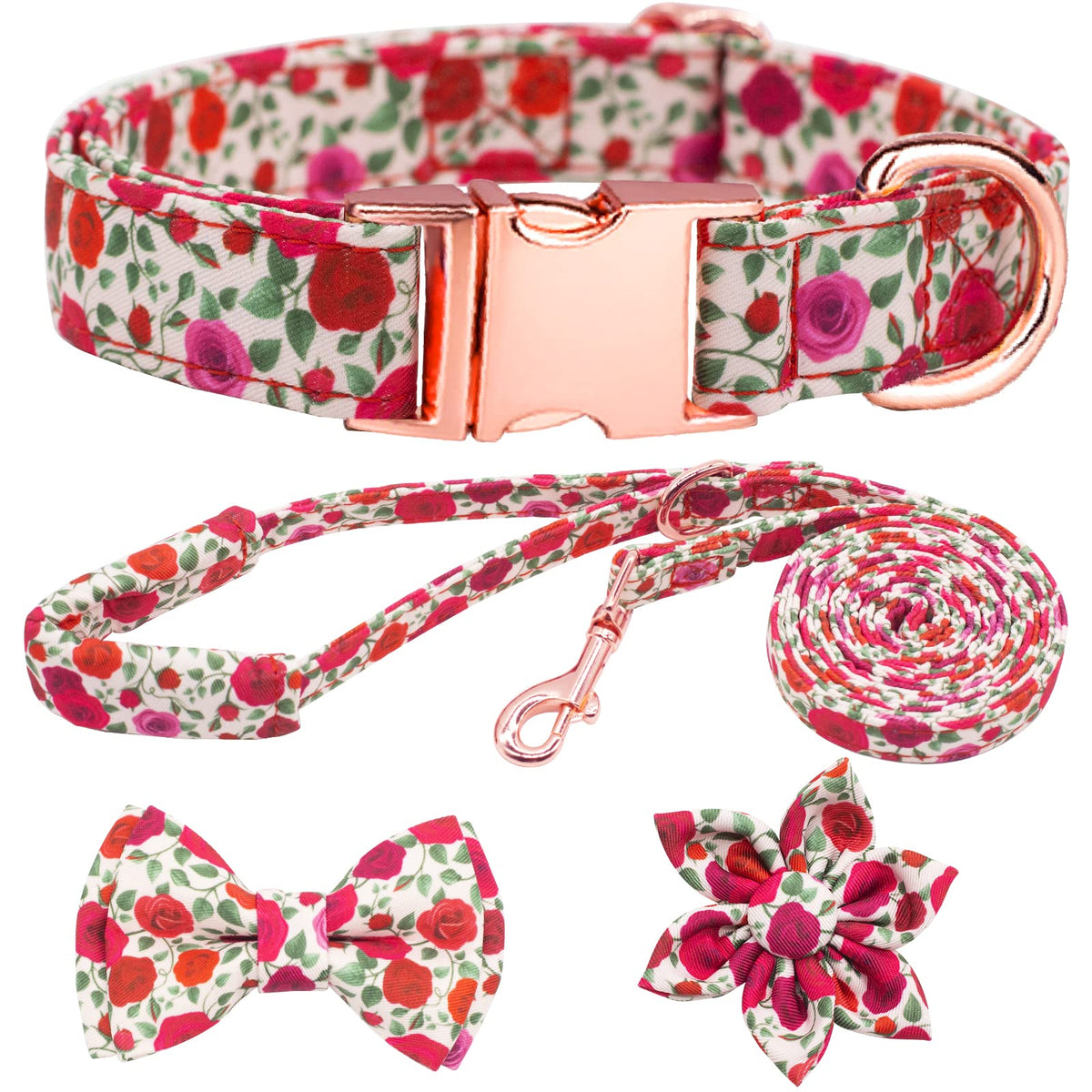 Dog Collar and Leash Set Girls Adjustable Puppy Collars with Floral Bow Tie for Small Medium Large Female Dogs, Orange Flower, XS