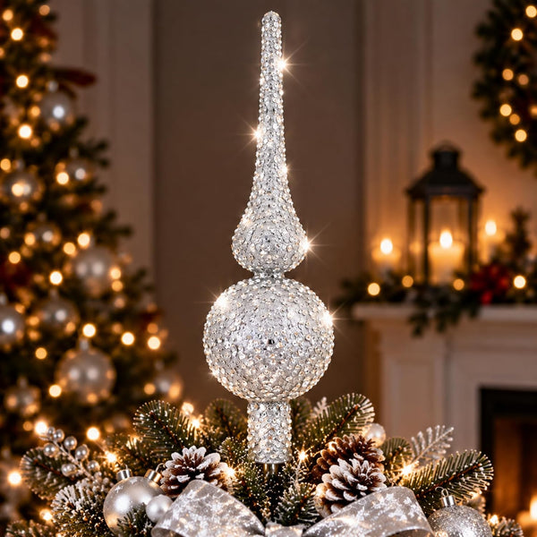 10'' Vintage Christmas Silver Tree Topper Glitter Glass Finial Decor