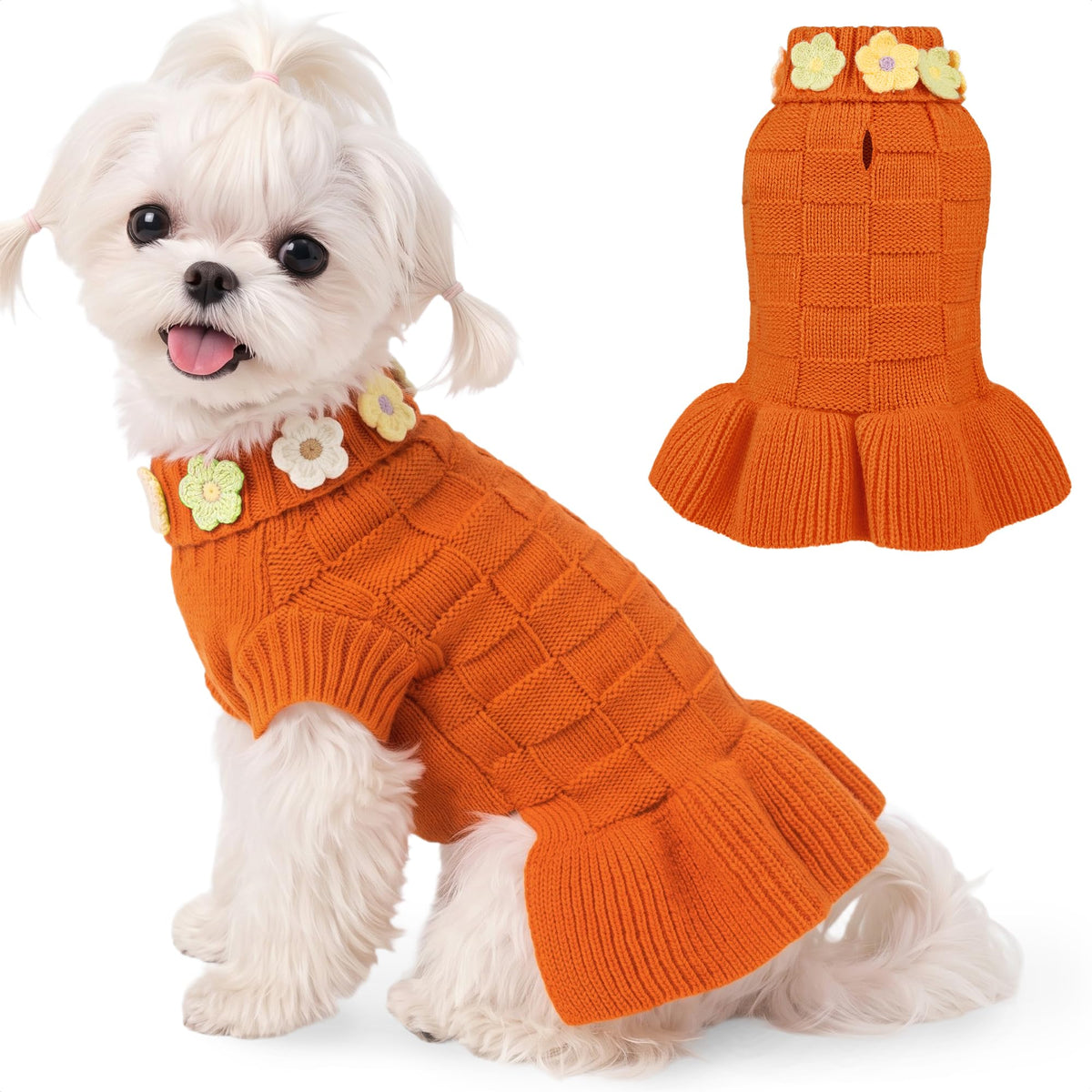 WOYYHO Small Dog Sweater Dress Checkerboard Knitted Princess Pet Dress