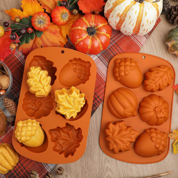 Webake Fall Silicone Molds Harvest Cake Pan, 3D Maple Leaf Acorn Pumpkin Mold for Autumn Treats, Plaster, Halloween, Thanksgiving, 2Pcs