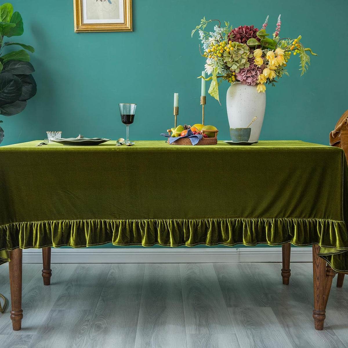 GLORY SEASON Velvet Tablecloth Luxurious Solid Rectangle Table Cloth,Oblong Retro Farmhouse Ruffle Tablecloths Washable Table Cover for Party Olive Green,52x70 Inches