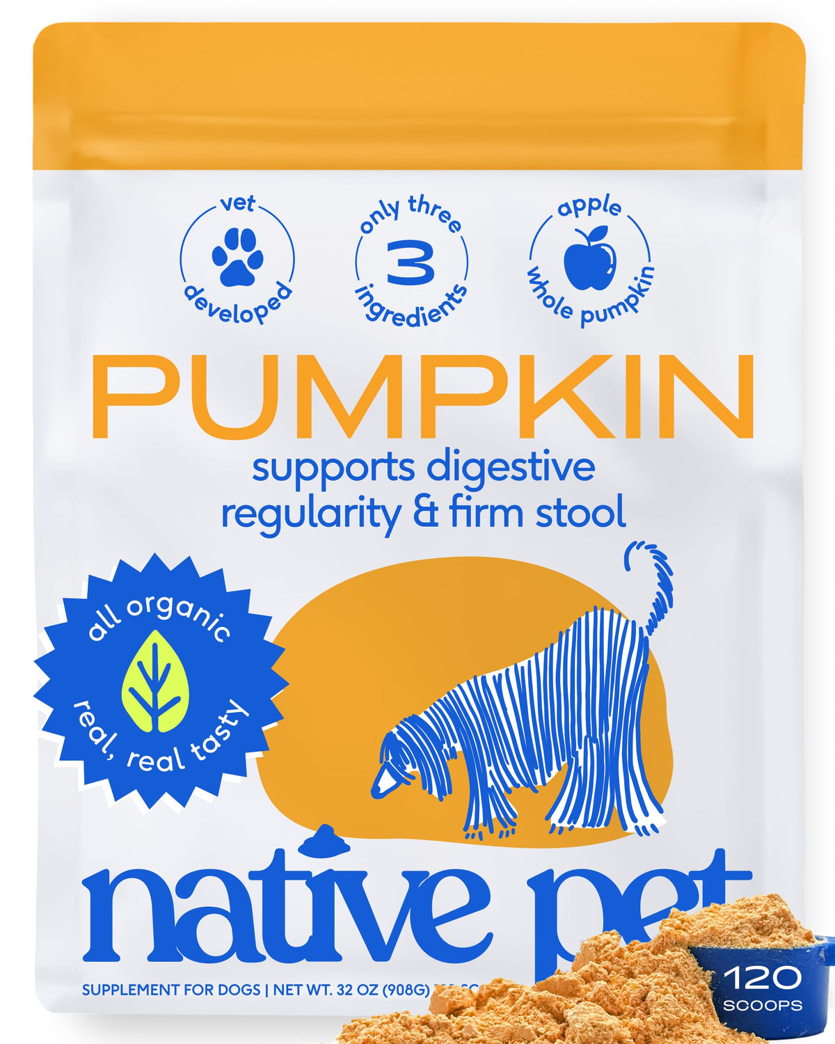 Native Pet Pumpkin for Dogs - Organic Dog Food Topper Powder - Promotes Firm Stools, Supports Digestive, Bowel Health & Nutrient Absorption - USDA Organic, Rich in Fiber with Real Pumpkin - 30 Scoops
