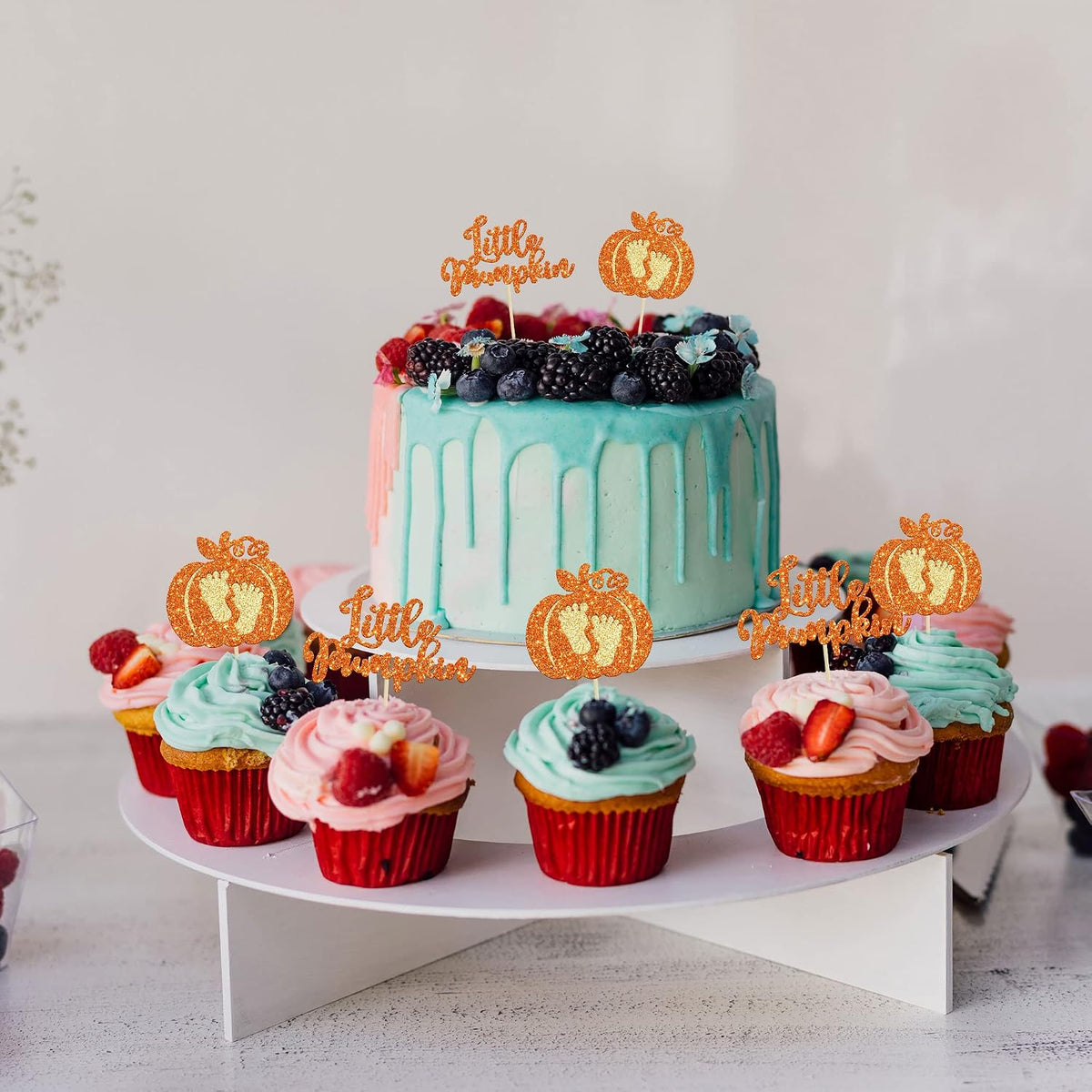 24pc Little Pumpkin Cupcake Toppers - Glitter Pumpkin Cupcake Picks - Baby Shower Decorations - Fall Harvest Theme - Kids Birthday Party Supplies