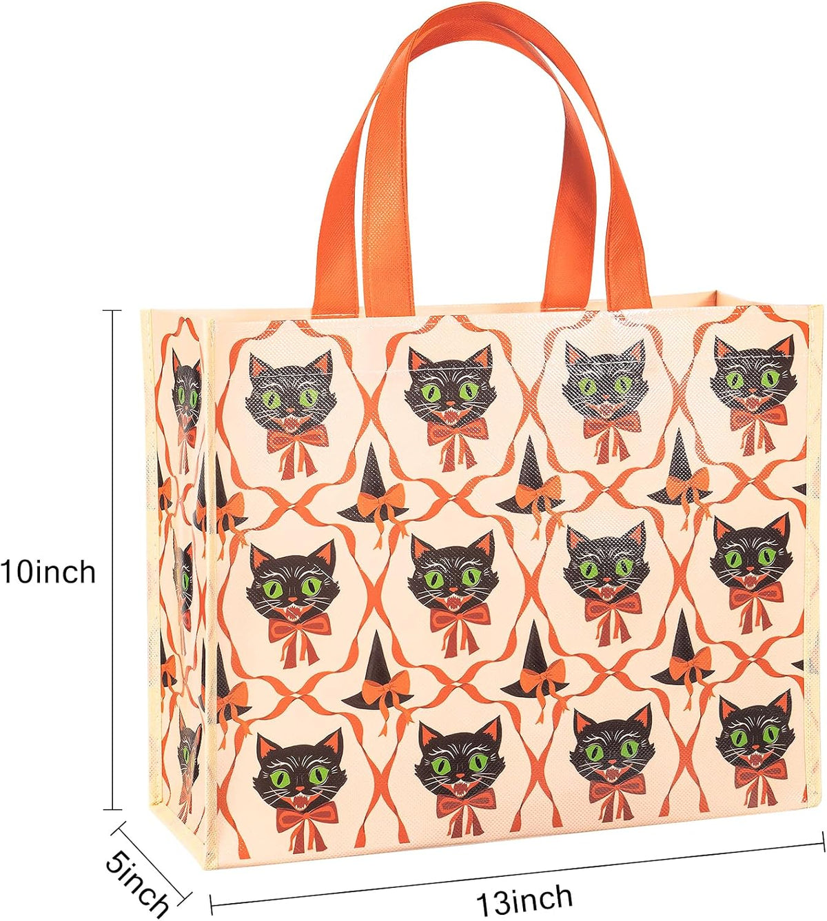Loveinside 13" Large Halloween Reusable Gift Bag, Vintage Black Cat & Witch Hat Pattern Recycled Gift Bag with Handles for Kids Halloween Party, Trick or Treat, 13" x 5" x 10", 1 Pcs