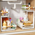 PXRACK Under Sink Organizer, Adjustable Height, 2 Tier Pull Out Under Cabinet Organizer, Slide Out Thickened Metal Under Sink Storage for Kitchen Bathroom Laundry Pantry Cabinet, White, Large-2-Pack