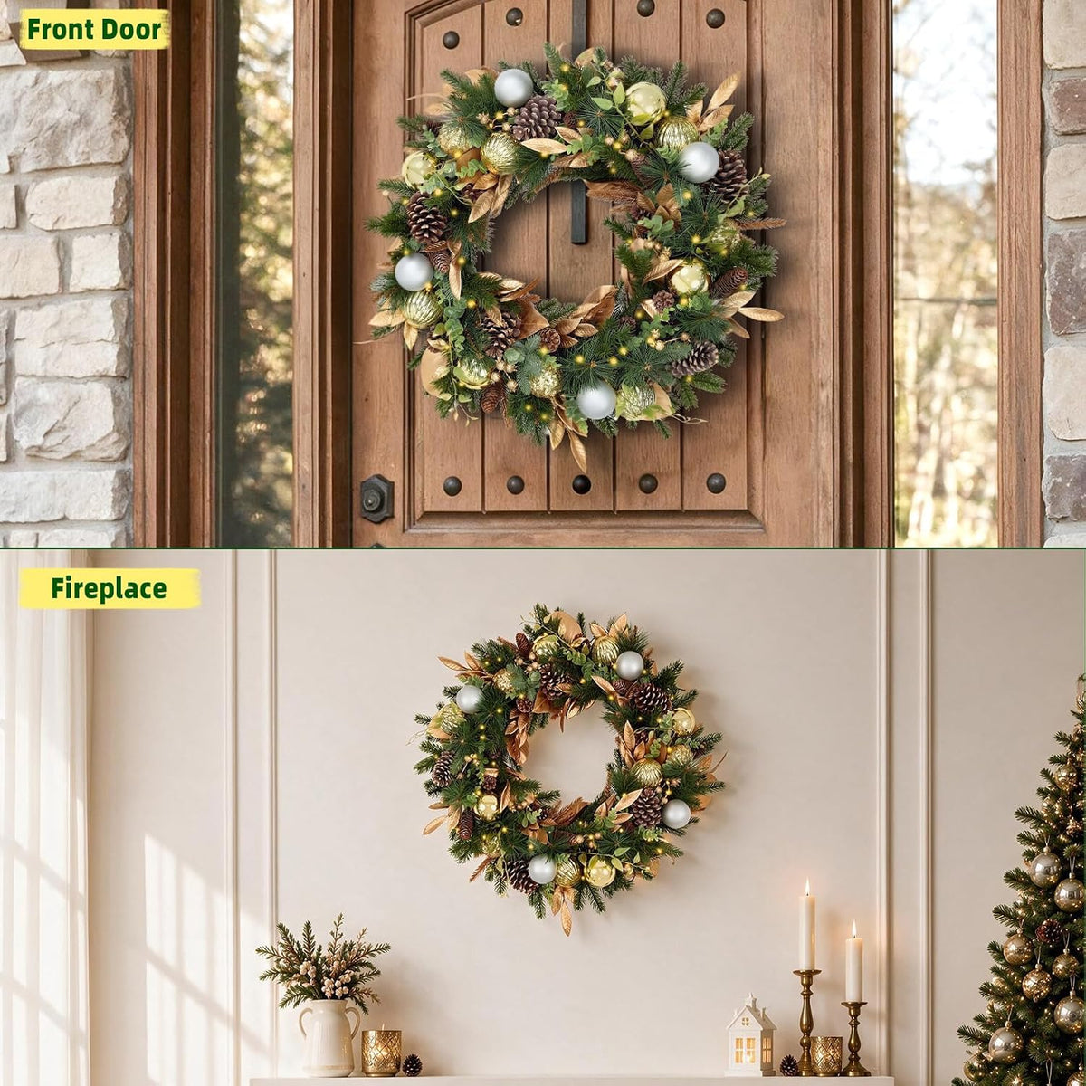 Hykolity 28 Inch Pre-Lit Botanical Christmas Wreath with 50 Warm White LEDs and Timer, Battery Operated Artificial PE & PVC Wreath with Ornaments, Pinecones and Layered Gold Leaves for Front Door