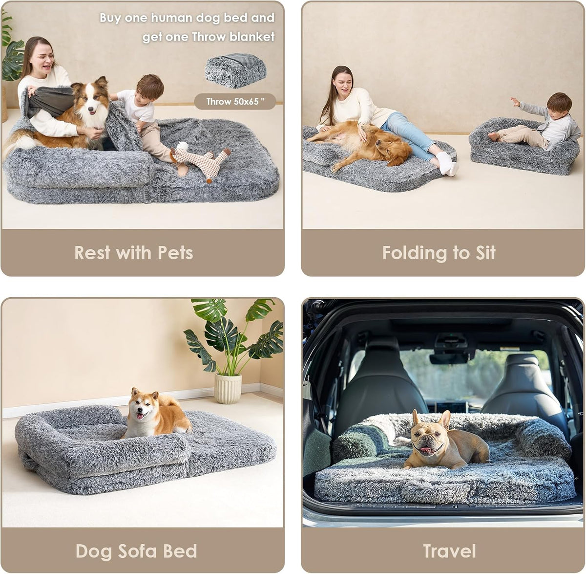 EHEYCIGA Orthopedic Foldable Human Dog Bed - 72x44x11, Grey