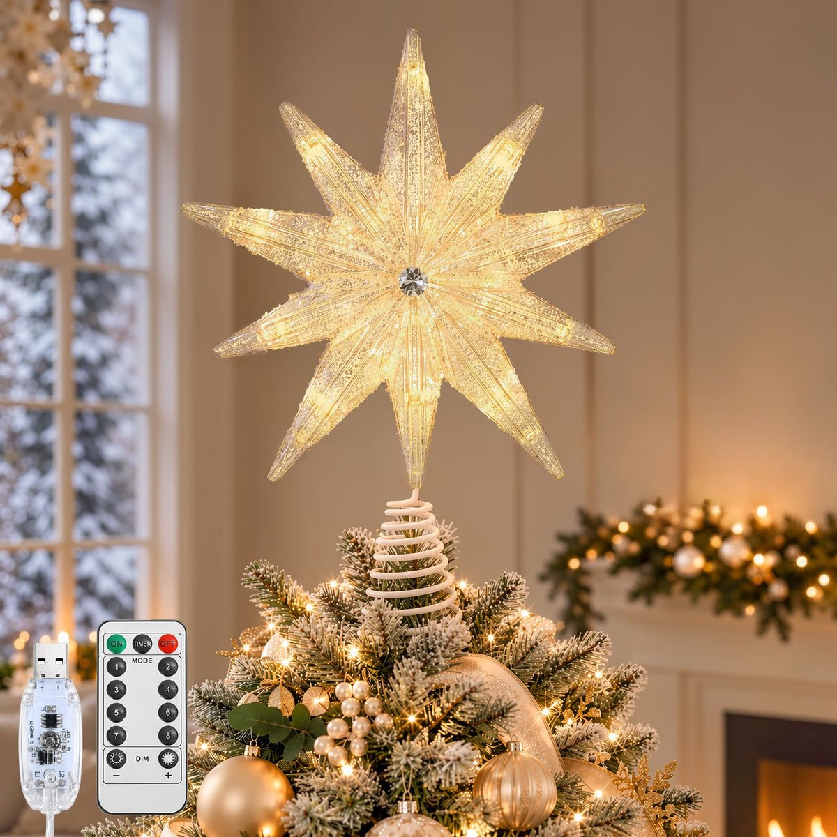 Lewondr Crystal Firework Christmas Tree Topper with Lights, Gold