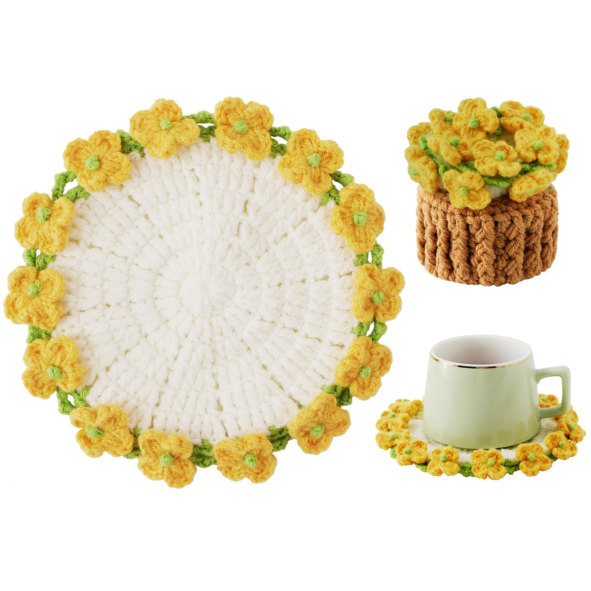 Crochet Flower Coasters, Handmade Bouquet Coasters with Crochet Plant Pot (Sunflower Yellow, 1Pc)