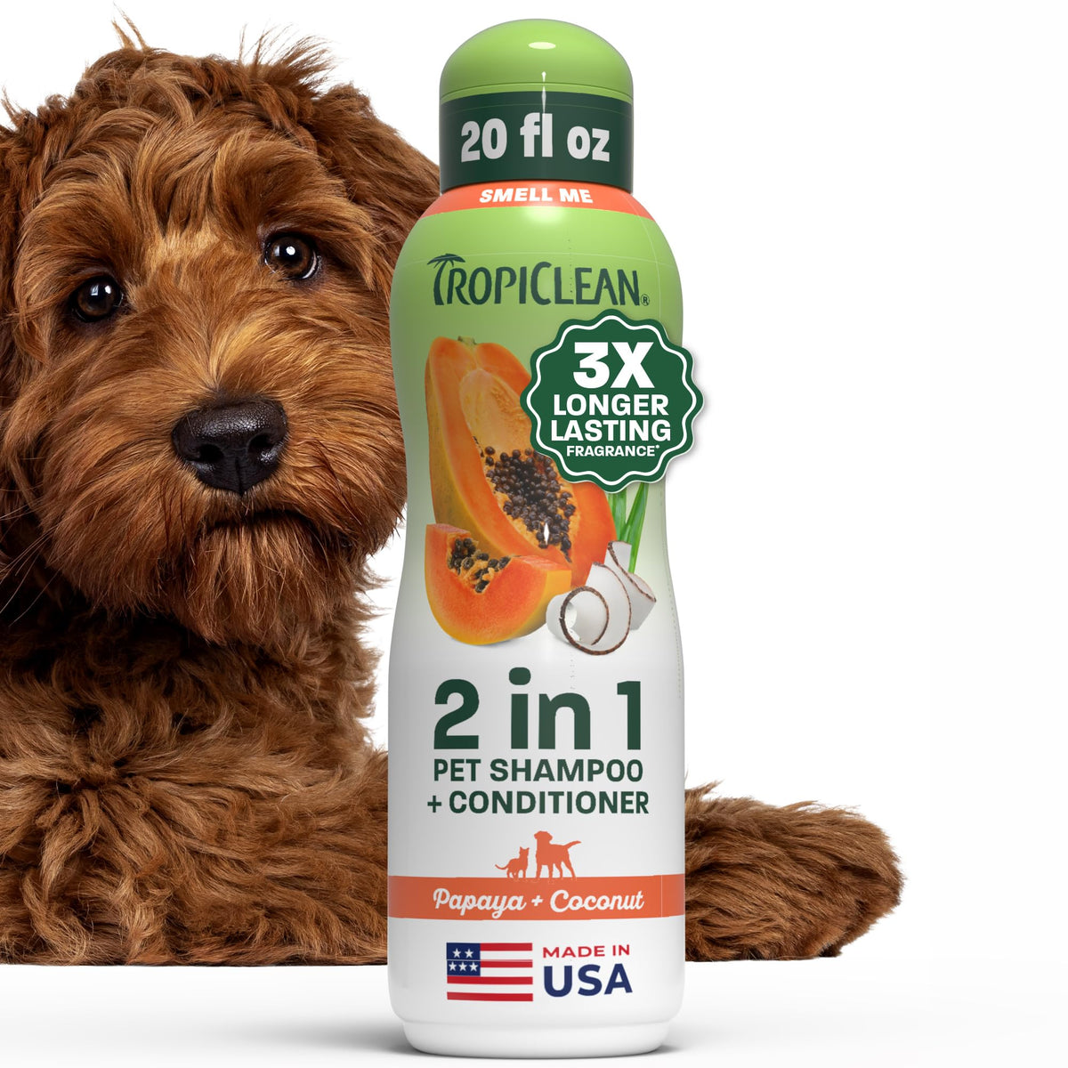 TropiClean 2-in-1 Dog Shampoo and Conditioner, Moisturizing Dog Detangler, Puppy Safe, Made in the USA, Papaya Scent, Cat & Kitten Safe, 20oz.