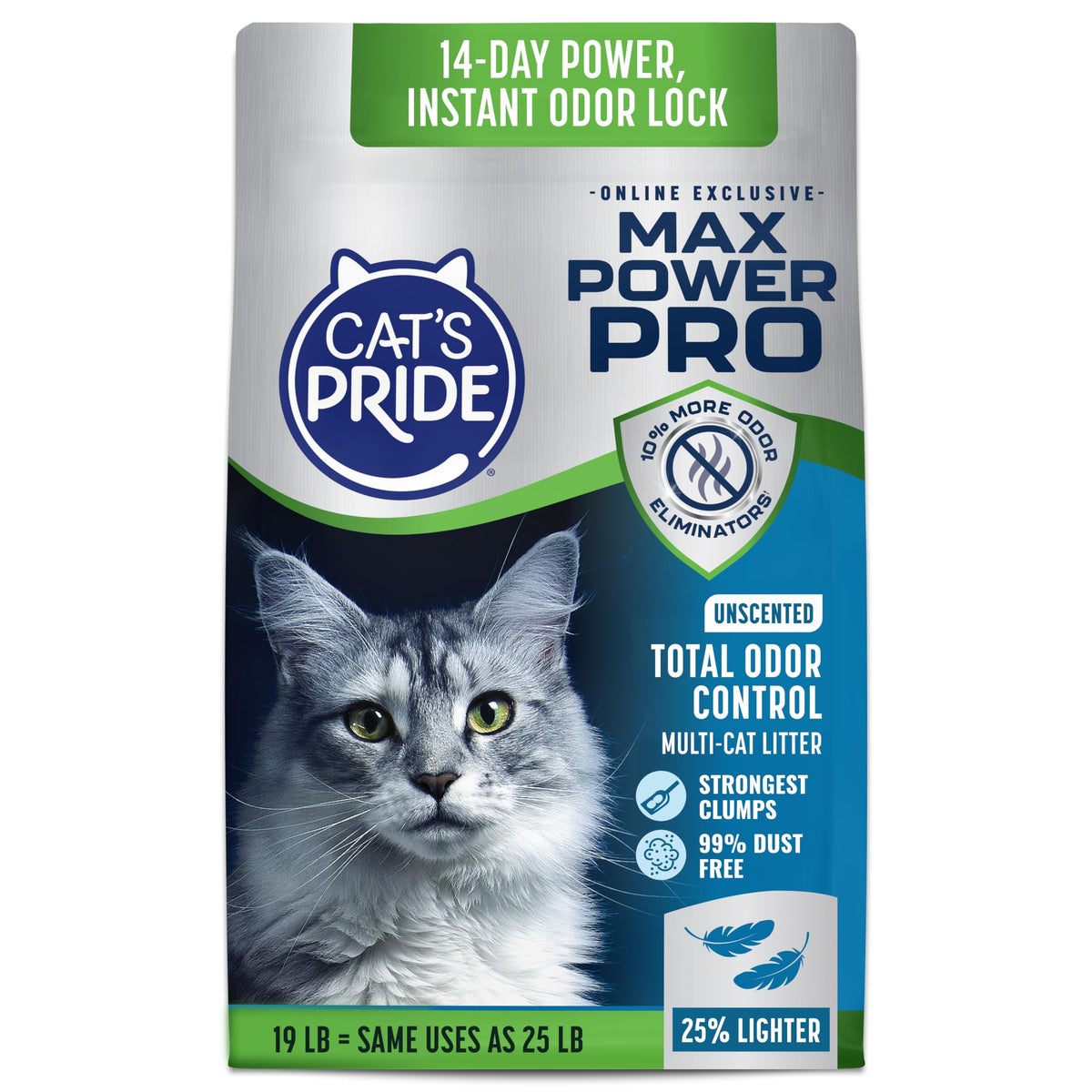Cat's Pride Max Power: Total Odor Control - Up to 10 Days of Powerful Odor Control - Strong Clumping - Hypoallergenic - 99% Dust Free - Multi-Cat Litter, Unscented, 15 Pounds