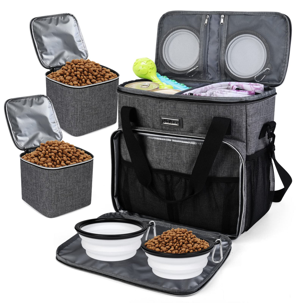 BAGLHER Pet Travel Set Airline-Approved Carrier for Small/Medium Cats & Dogs + Travel Bag with Food Containers & Silicone Bowls, Grey & Green