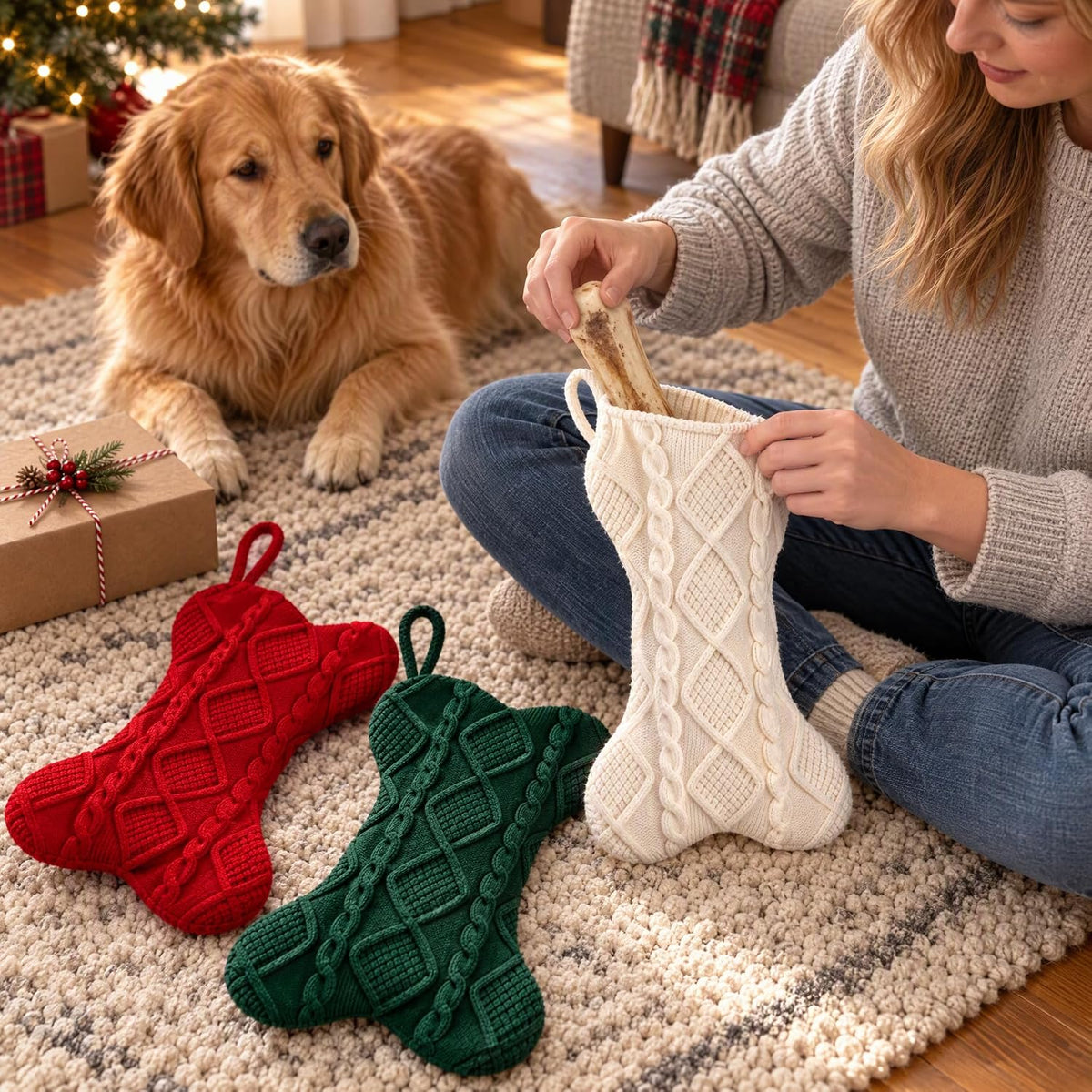 Dog Christmas Stocking, Bone‑Shape Cable Knit Pet Xmas Stocking, 3 Pack