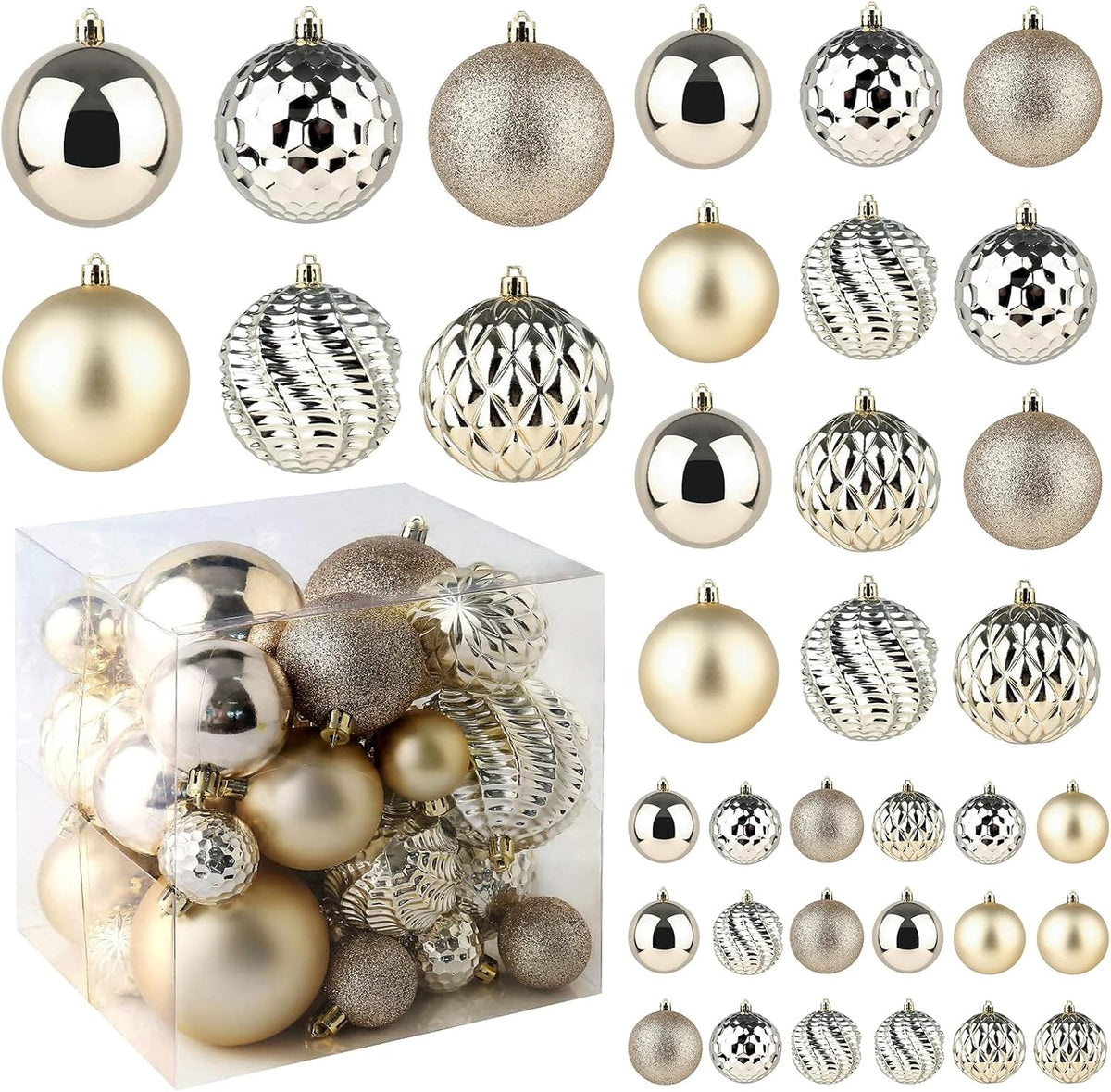 Christmas Balls Ornaments -36pcs Shatterproof Christmas Tree Decorations with Hanging Loop for Xmas Tree Wedding Holiday Party Home Decor,6 Styles in 3 Sizes(Champagne Gold)