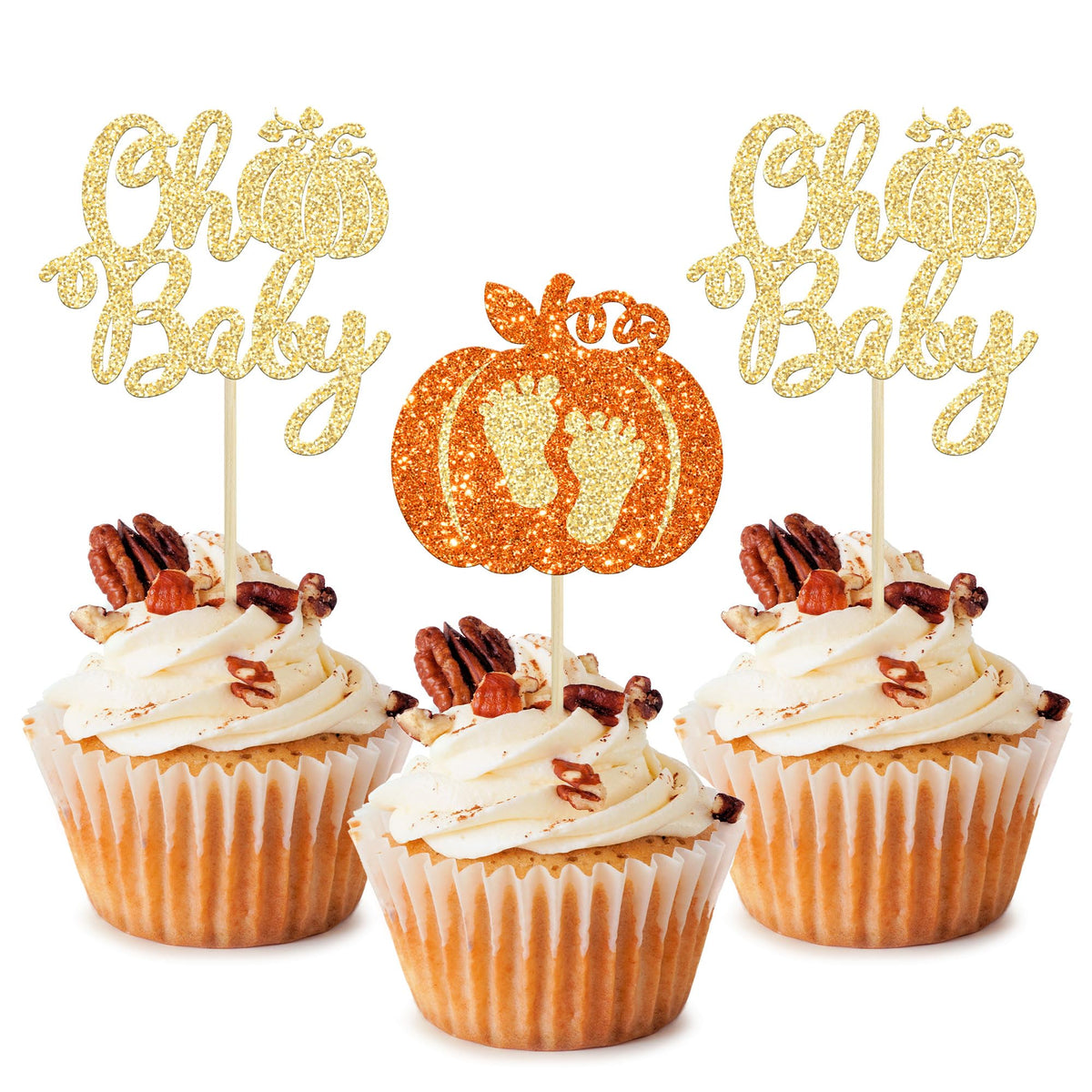 24pc Little Pumpkin Cupcake Toppers - Glitter Pumpkin Cupcake Picks - Baby Shower Decorations - Fall Harvest Theme - Kids Birthday Party Supplies