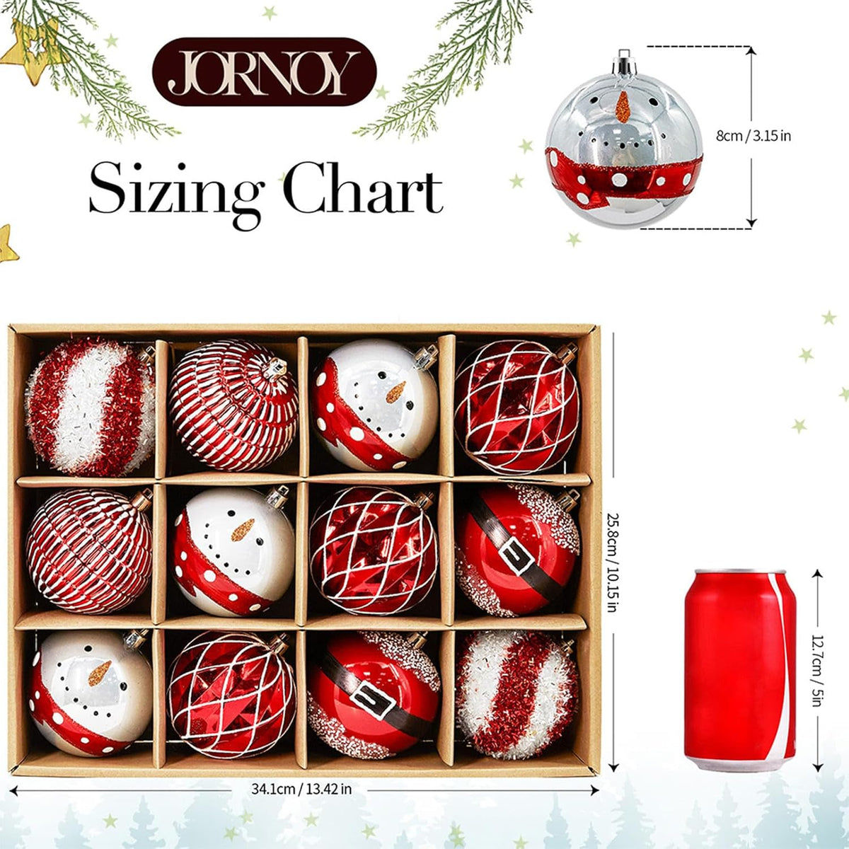 JORNOY 12CT 3.12-Inch Christmas Balls Ornaments for Tree, Red & White
