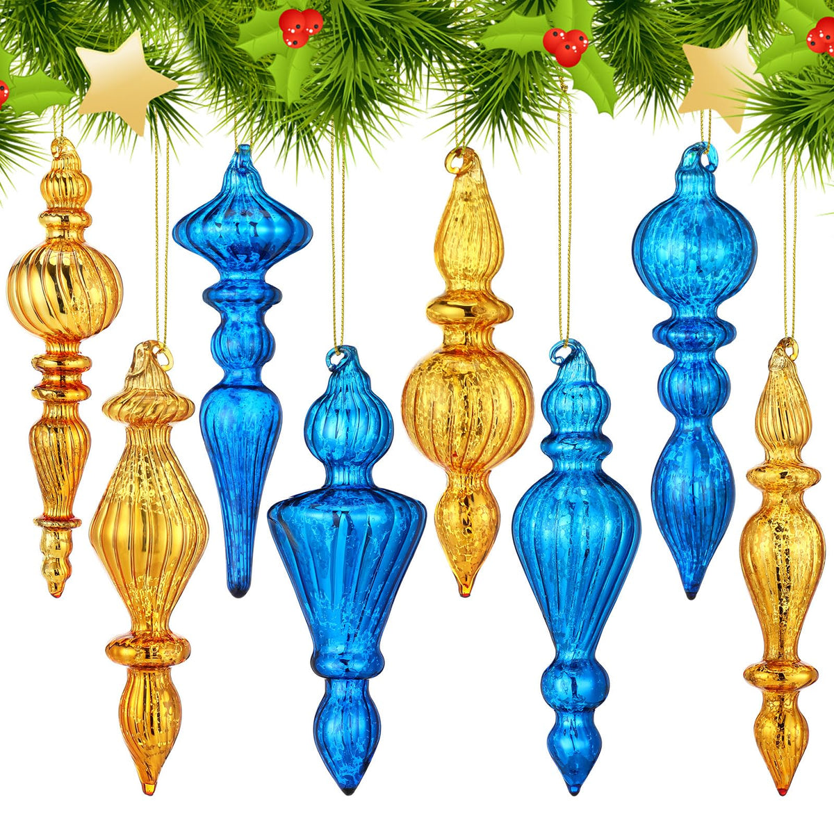 Mifoci 8 Pcs 6 Inch Mercury Glass Finial Christmas Ornaments,Red