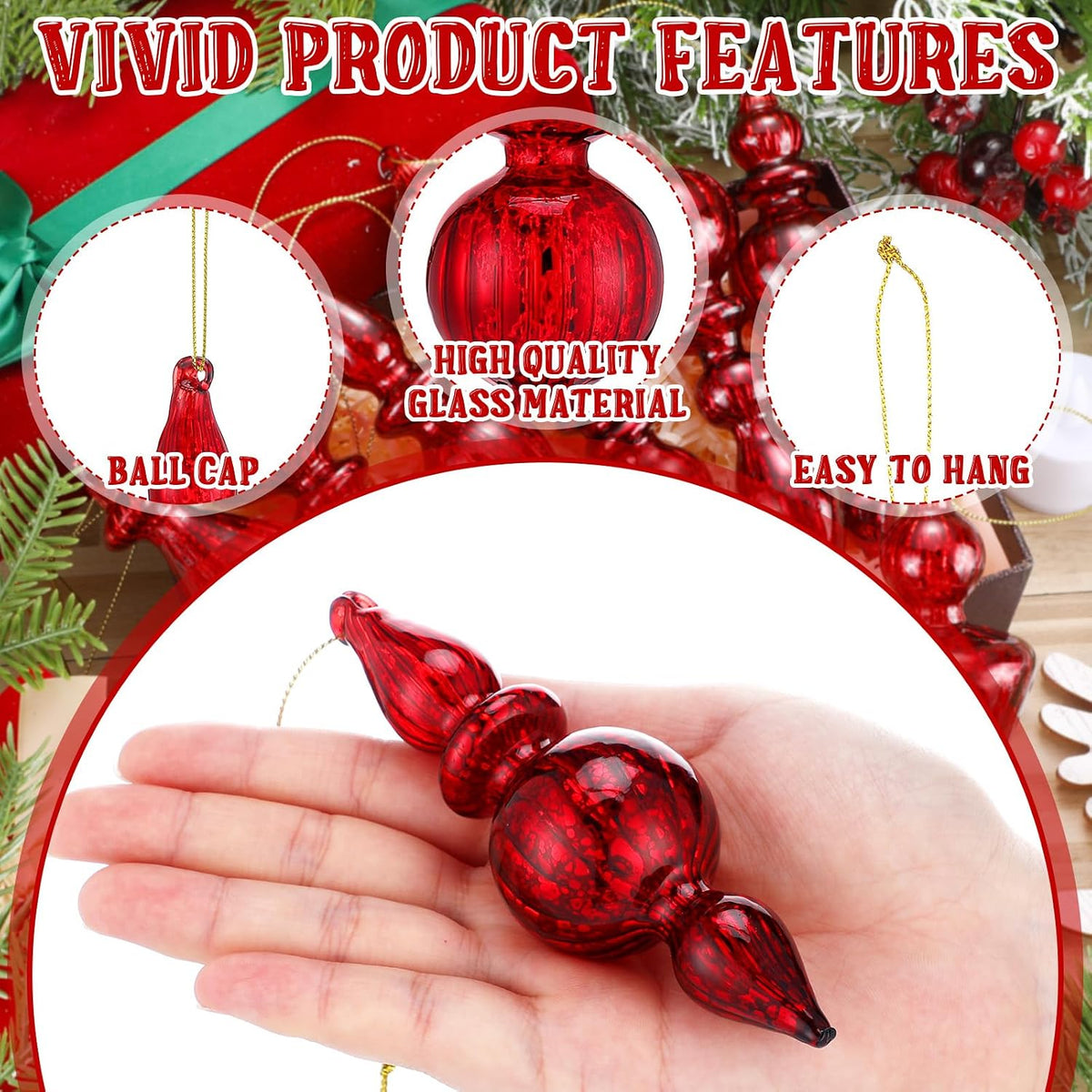 Mifoci 8 Pcs 6 Inch Mercury Glass Finial Christmas Ornaments,Red