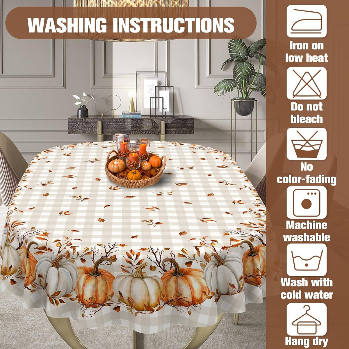 Fall Thanksgiving Tablecloth Waterproof Pumpkin Table Cloths for Autumn Harvest Indoor Outdoor Dining Room Decor-60 * 84" Oval