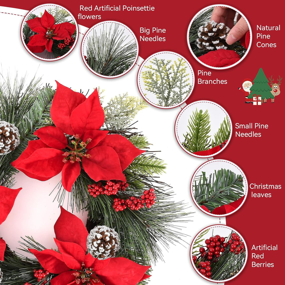 24 Inch Christmas Wreath for Front Door Outdoor with Hangers