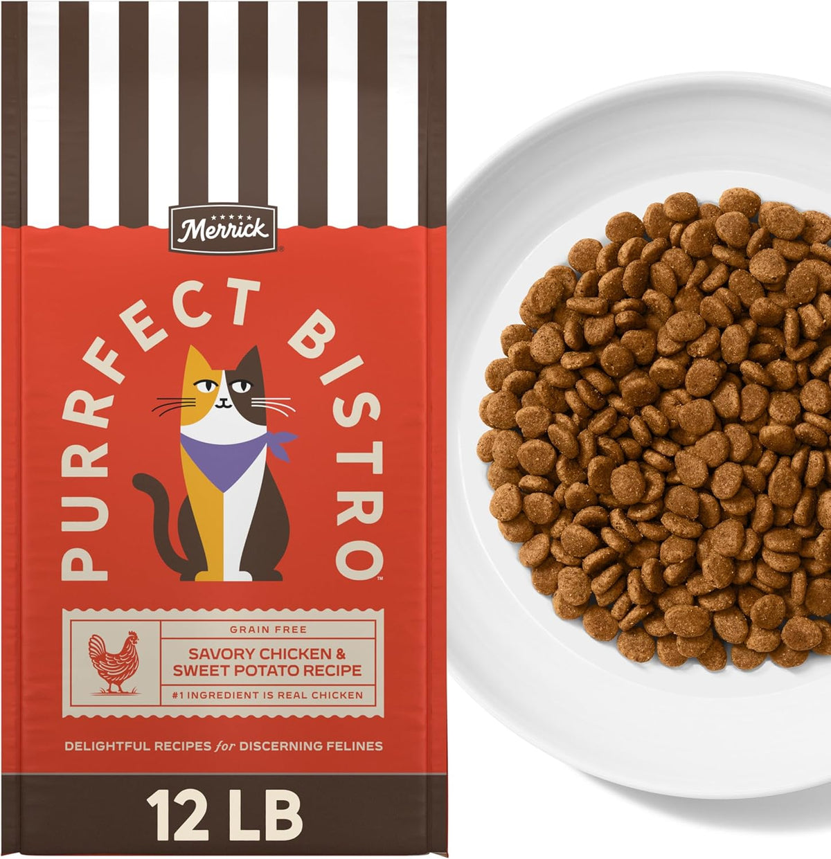 Merrick Purrfect Bistro Grain Free Chicken and Sweet Potato Recipe Natural Dry Cat Food for Adult Cats, High Protein, Outdoor or Indoor Cat Food - 12 lb. Bag