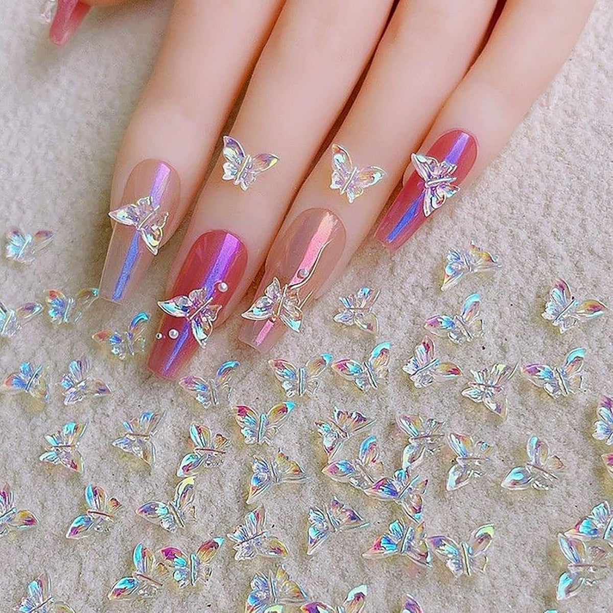 50Pcs 3D Butterfly Nail Charms - Aurora Effect Resin Nail Art Decorations, Cute Kawaii Nail Accessories for Acrylic Nails DIY, Manicure Supplies for Women Girls