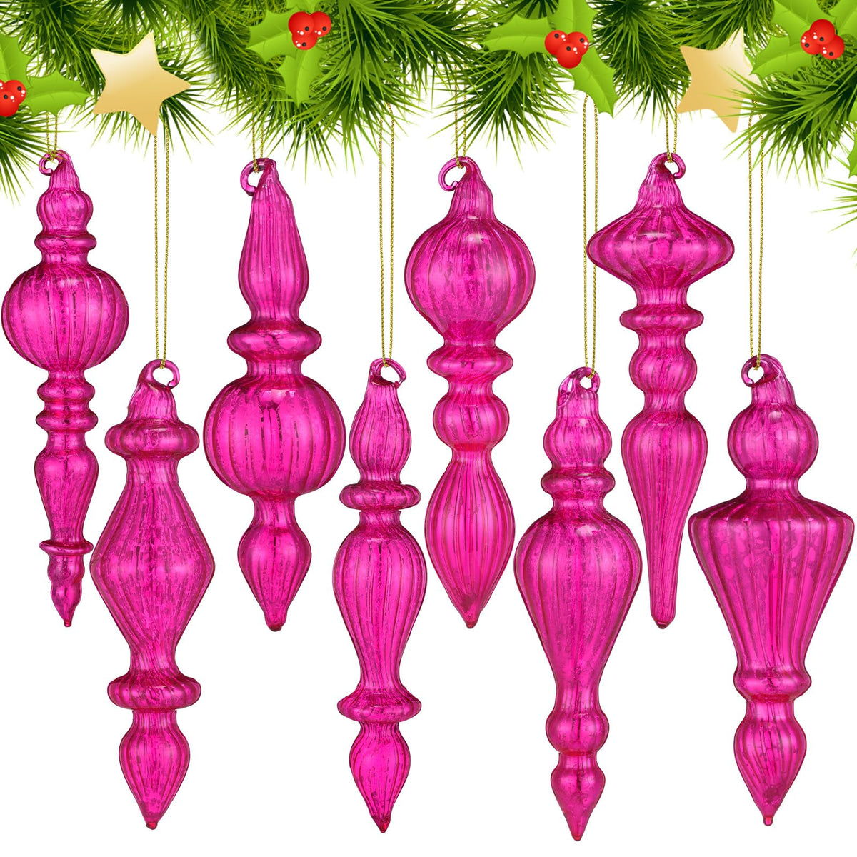 Mifoci 8 Pcs 6 Inch Mercury Glass Finial Christmas Ornaments,Red