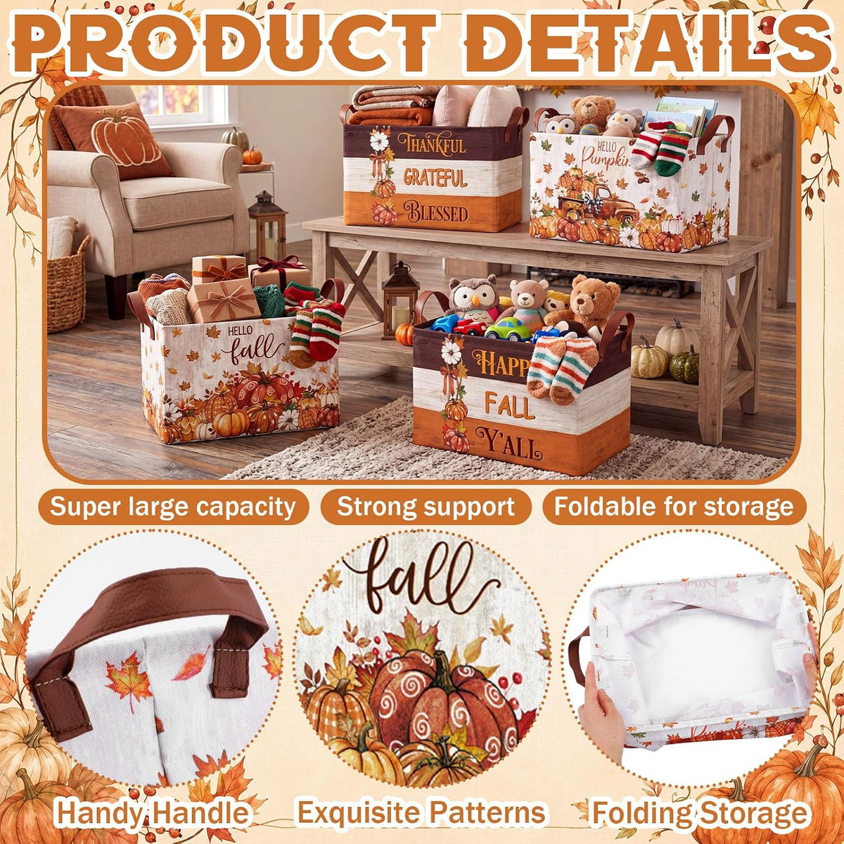4 Pcs Thanksgiving Storage Basket Empty with Handles, Large Fabric