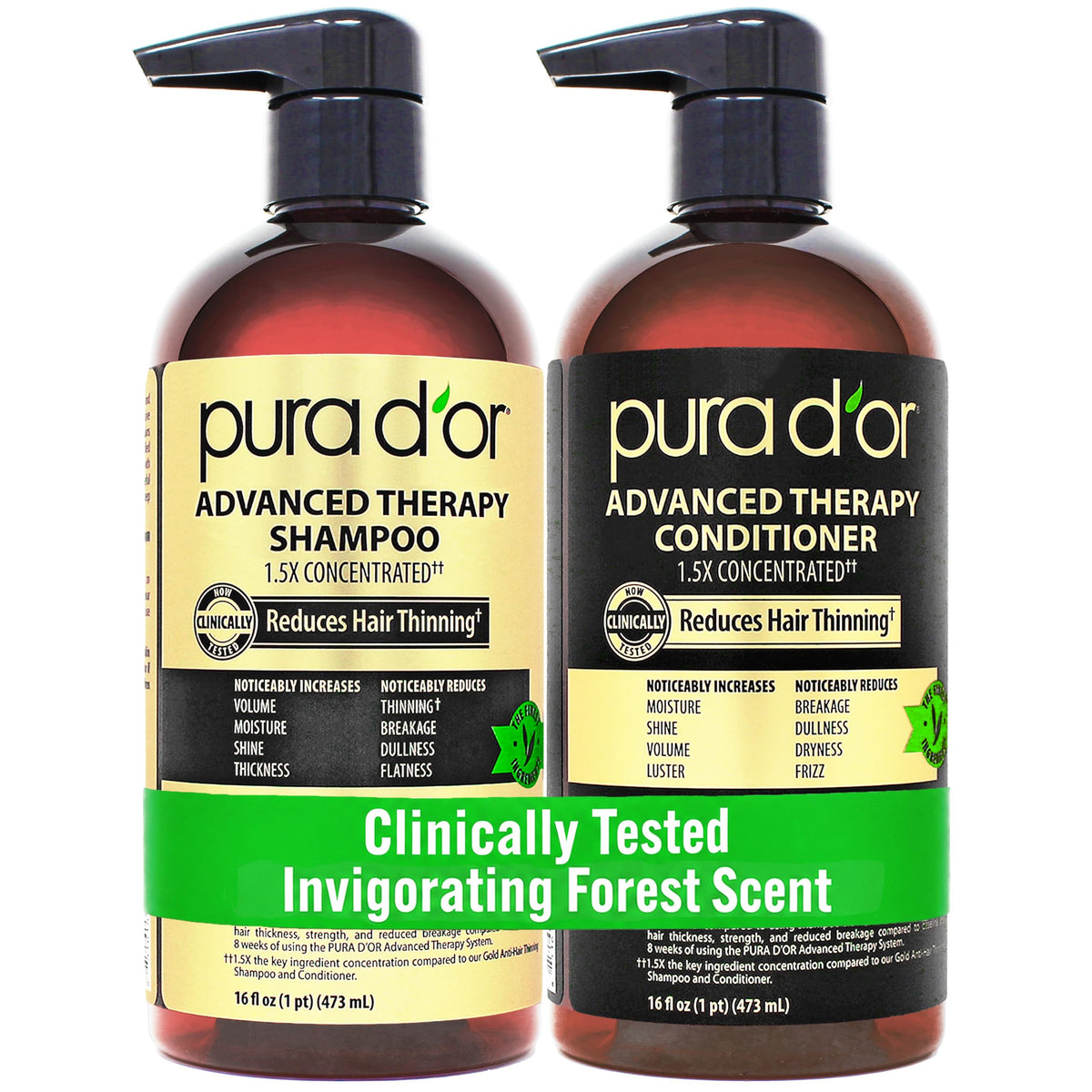 PURA D'OR Anti-Thinning Biotin Shampoo & Hair Regrowth Conditioner, CLINICALLY TESTED Effective Results, Thickening Herbal Blend For Women & Men, Original Gold Label Set, Natural Earthy Scent, 16oz x2