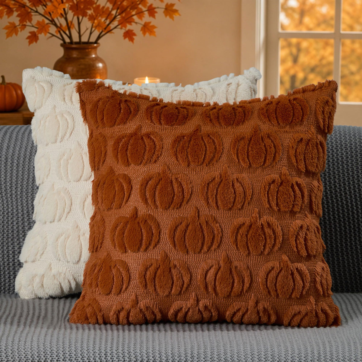DFXSZ Fall Pillow Covers 18x18 2Pcs Rust Pumpkin Fall Decorations for Home | Fall decor Set of 2 Throw Pillow Cases Soft Plush Faux Fur Wool Couch Cushion for Chair Sofa Bedroom Living Room Home Decor