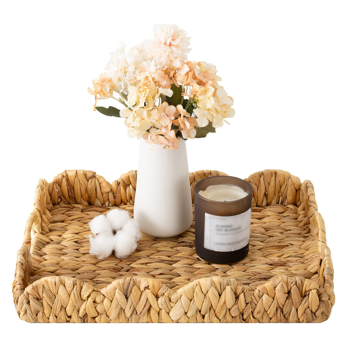 StorageWorks Rectangular Wicker Scalloped Tray, Rattan Scalloped Basket | Shallow Serving Trays with Handles for Coffee Table, Living Room, Seagrass Trays for Decorative & Organizing