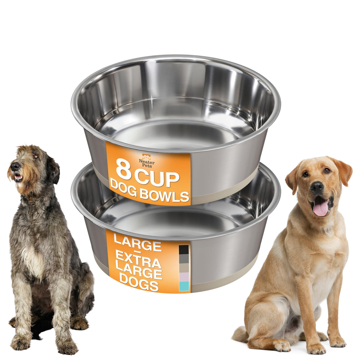 Neater Pet Brands Stainless Steel Dog Bowls with Non-Slip Rubber Bottom – Set of 2, 6 Cup (48 oz), Black - Heavy Duty Metal Dog Bowl, Dishwasher Safe, Food or Water Bowl, Ideal for Large Dogs