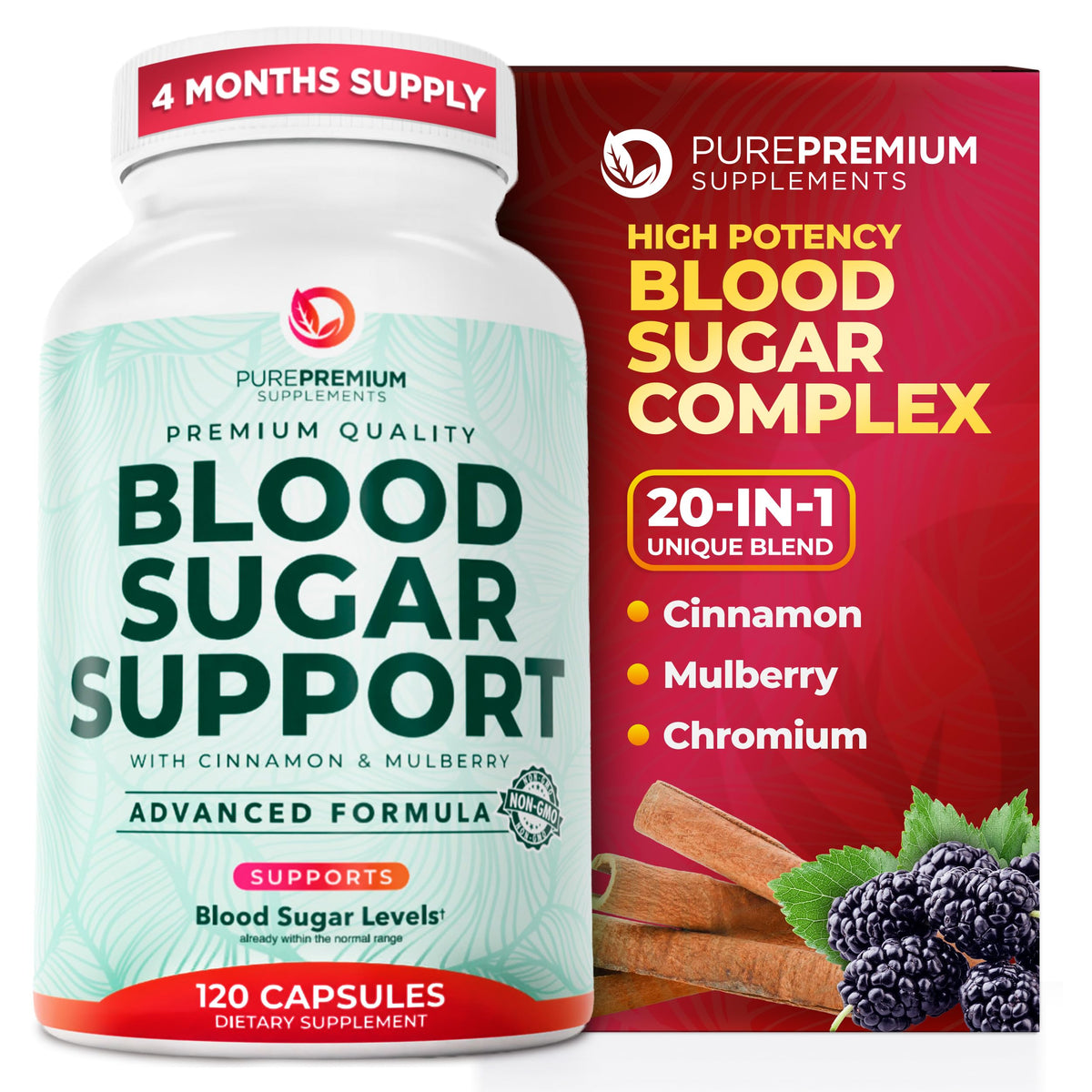 PurePremium Normal Blood Sugar Support Supplement - 20 Active Ingredients Complex to Support Blood Sugar Levels Already in The Normal Range - with Cinnamon, Bitter Melon, Chromium, Mulberry - 60ct
