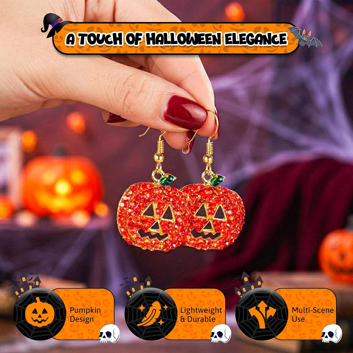 4E's Novelty Halloween Pumpkin Earrings for Women, Crystal Dangle Drop Earrings Hypoallergenic, 1.5” Smiling Face Pumpkin Halloween Earrings, Fun Festive Costume Jewelry Halloween Party Jewelry Gift