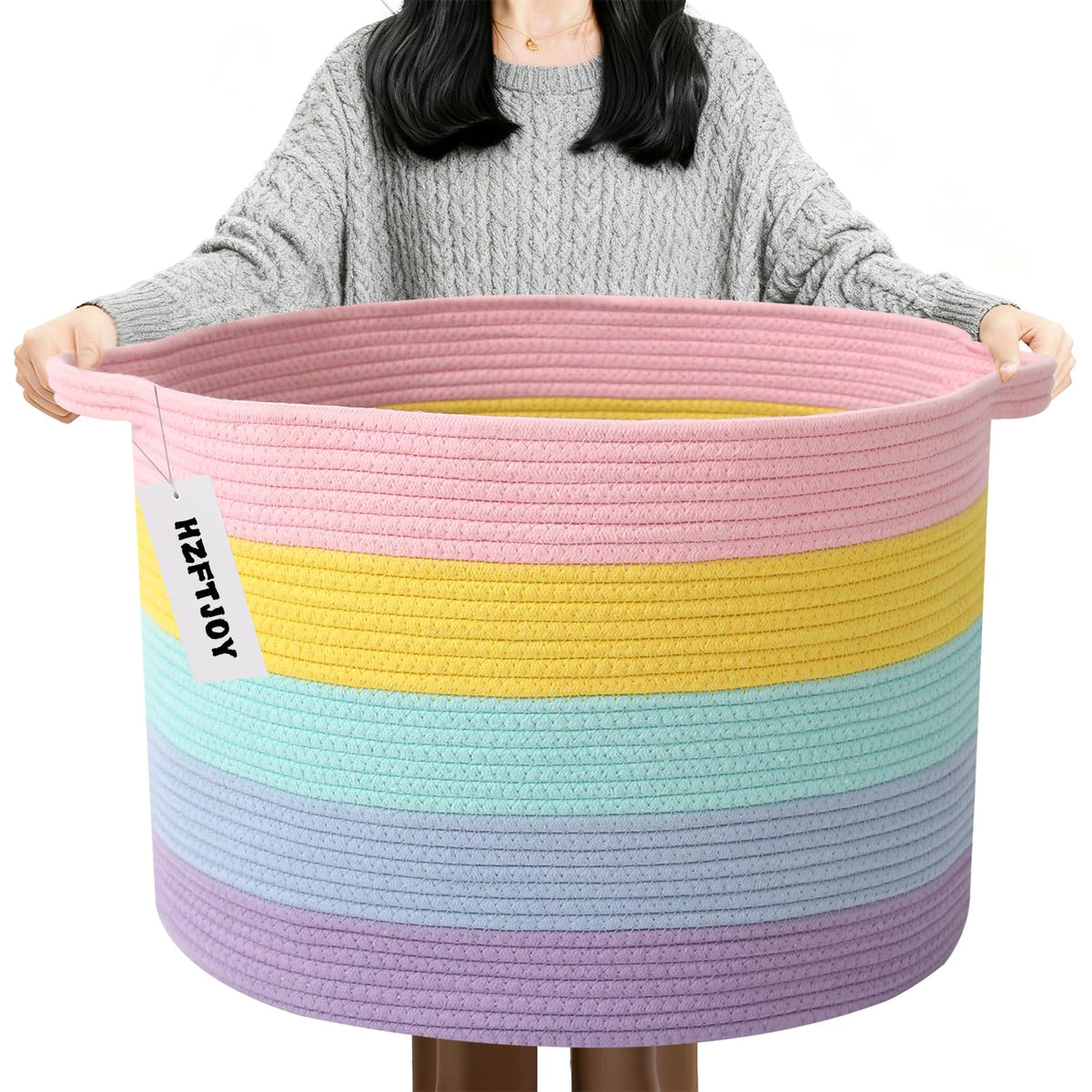 Large Woven Blanket Basket,65L Cotton Rope Laundry Basket Hamper with Handles, Decorative Nursery Basket Storage Bin for Toys, Clothes Organizer, Living Room, Bedroom, Bathroom, White & Brown