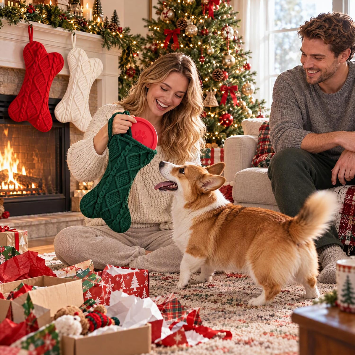 Dog Christmas Stocking, Bone‑Shape Cable Knit Pet Xmas Stocking, 3 Pack